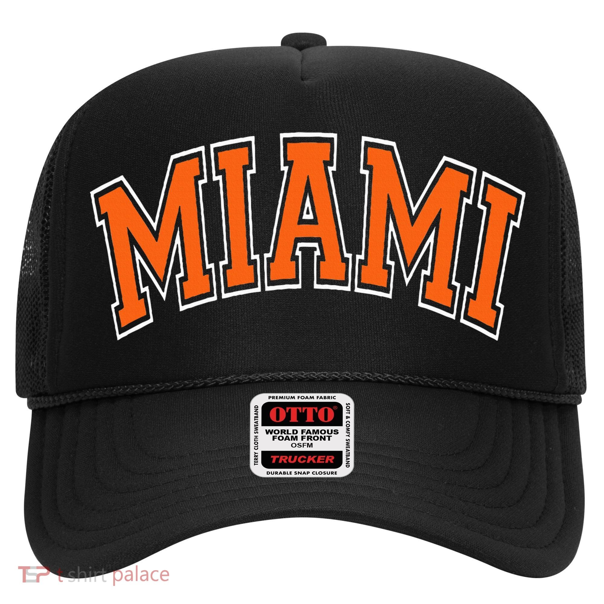 Miami Varsity Style Orange Text With White Outline Hat
