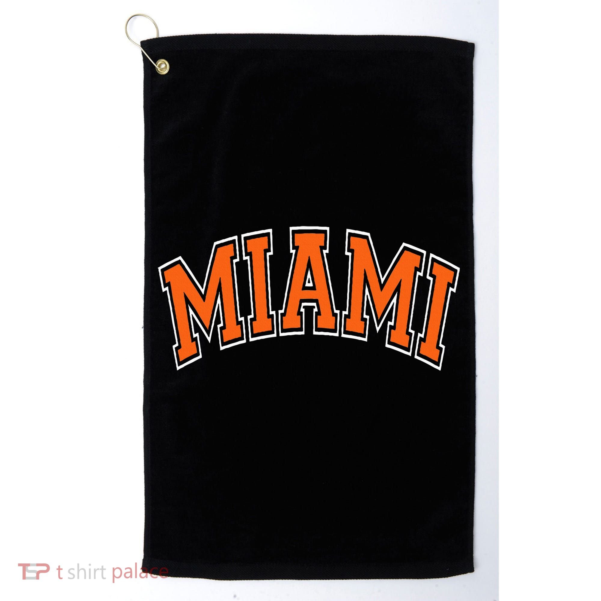 Miami Varsity Style Orange Text With White Outline Golf Towel
