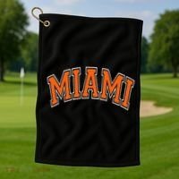Miami Varsity Style Orange Text With White Outline Golf Towel thumb 1
