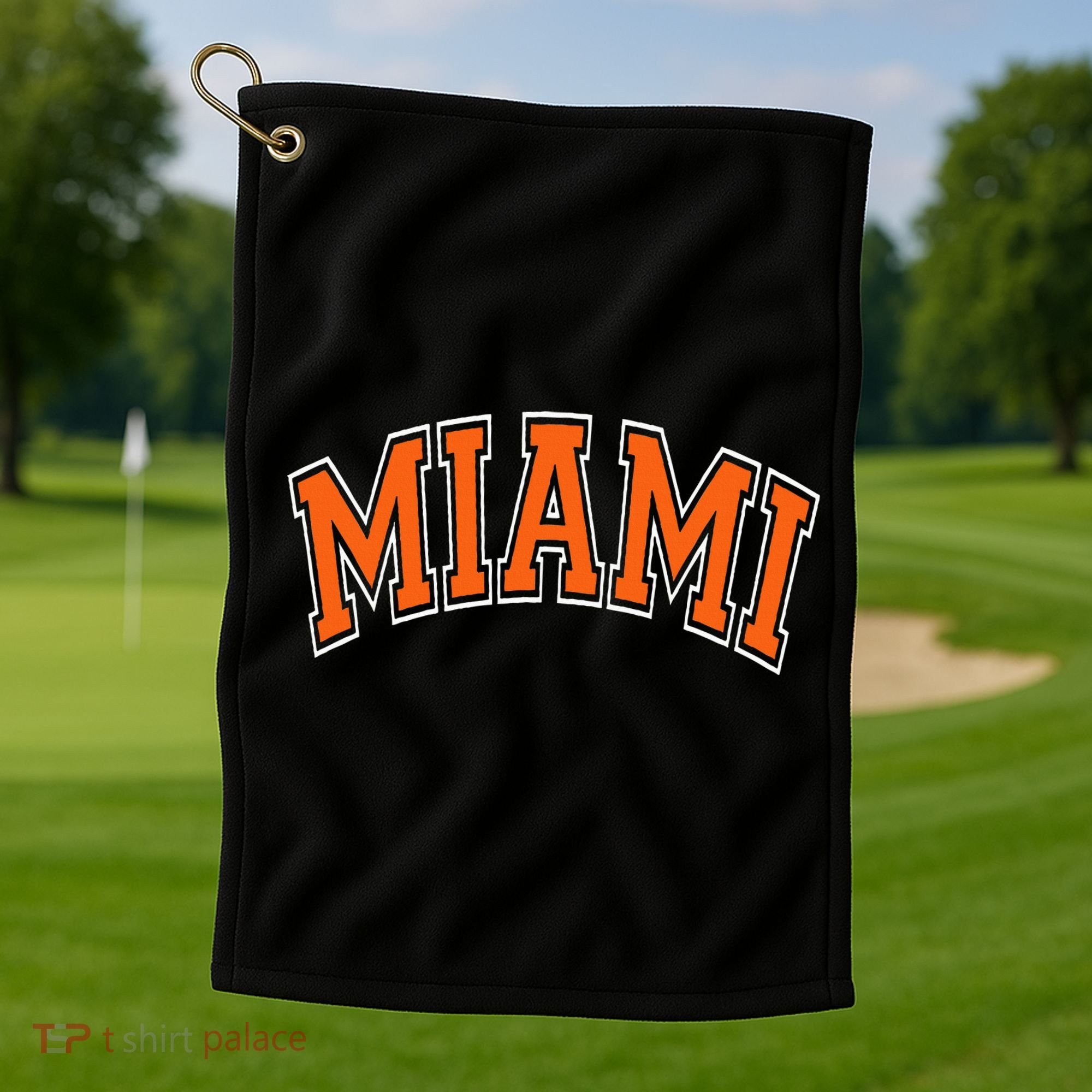 Miami Varsity Style Orange Text With White Outline Golf Towel