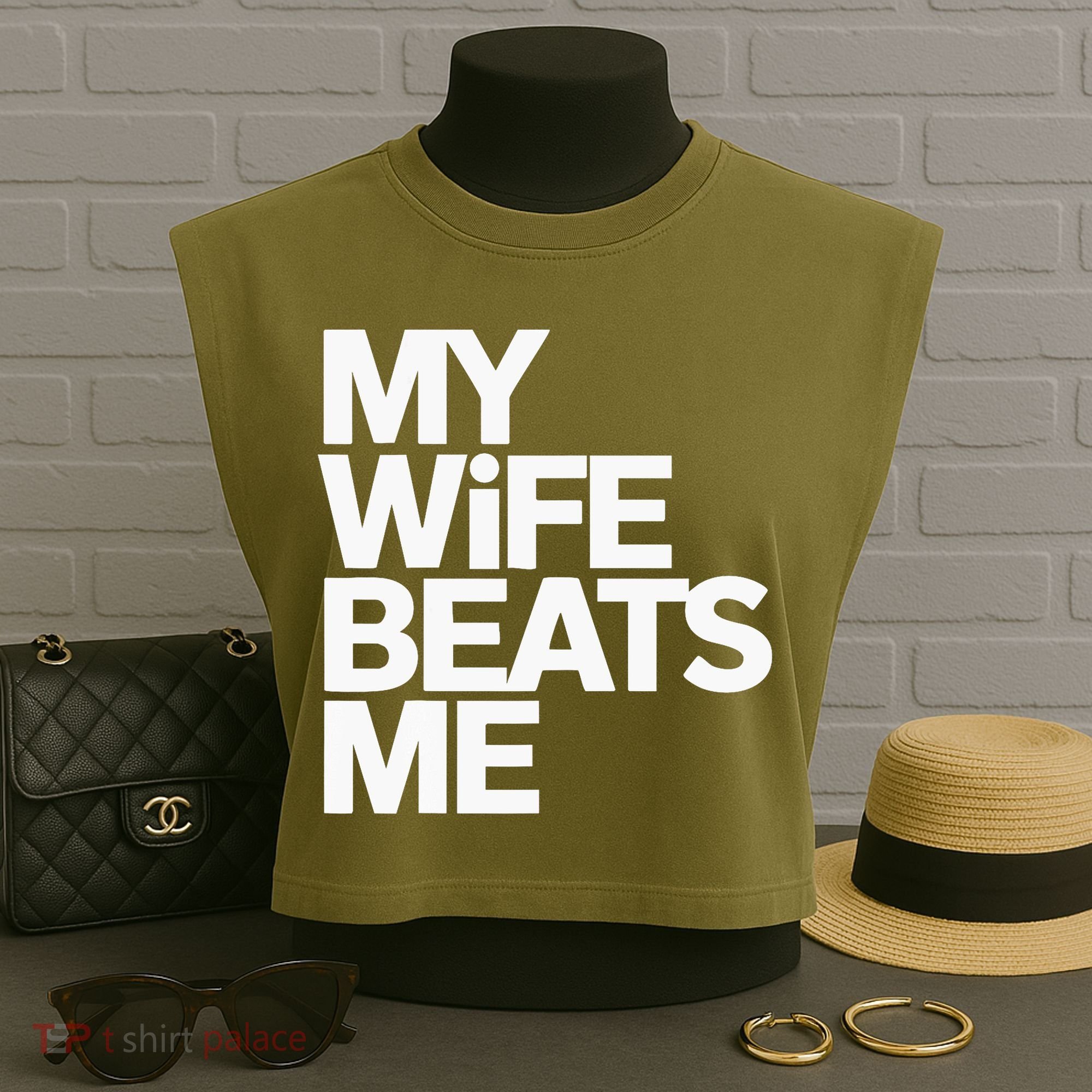My Wife Beats Me Husband Funny Garment-Dyed Women's Muscle Tee
