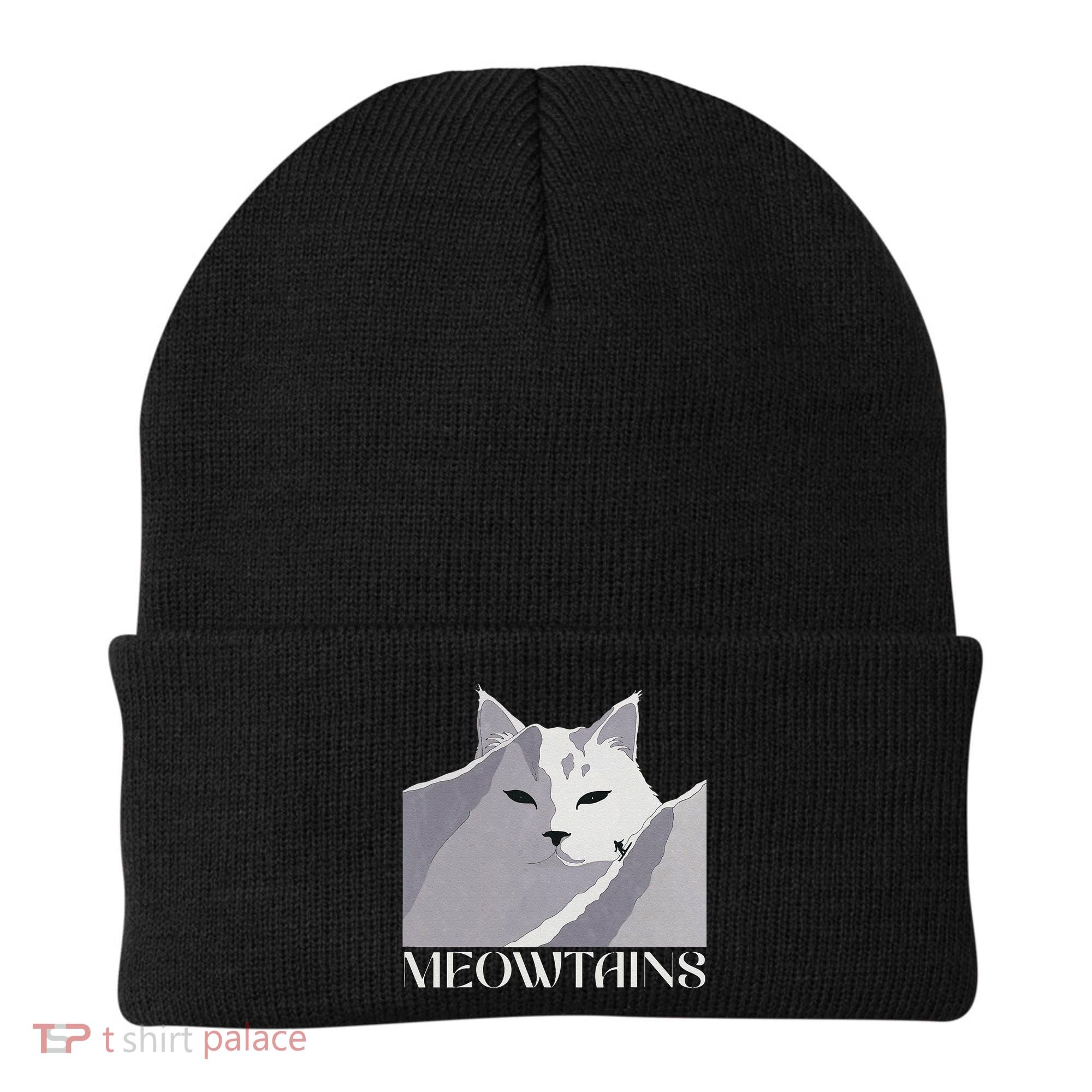 Meowtains Winter Cat Art Snow Skiing On Cat Mountain Beanie