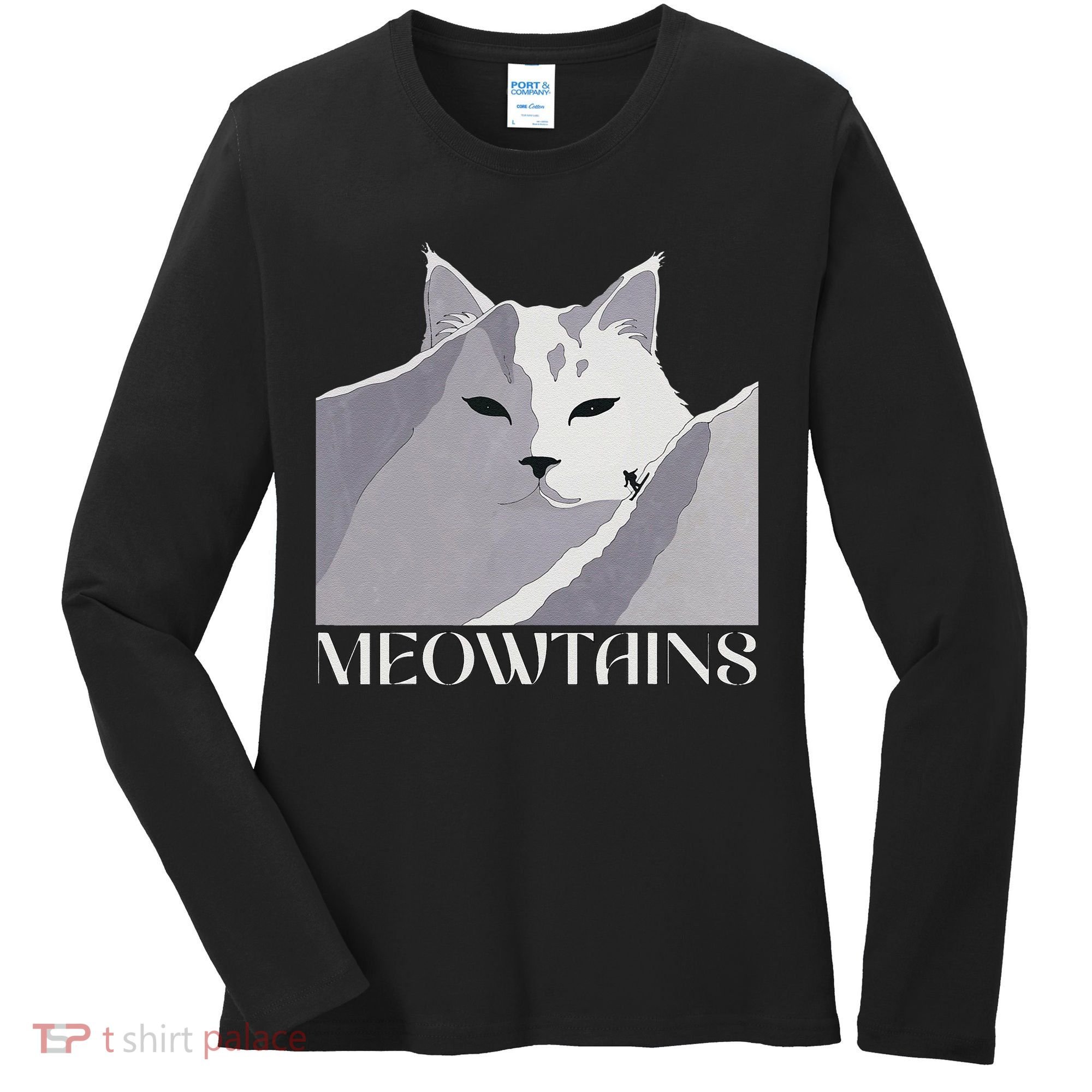 Meowtains Winter Cat Art Snow Skiing On Cat Mountain Women's Long Sleeve Shirt