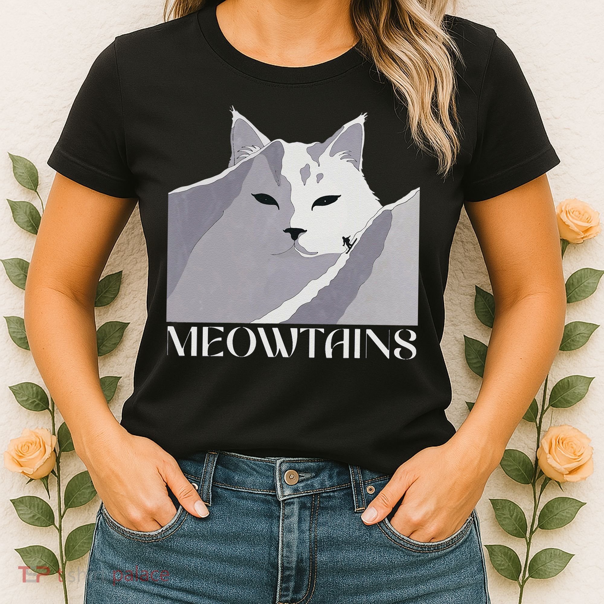 Meowtains Winter Cat Art Snow Skiing On Cat Mountain Women's T-Shirt