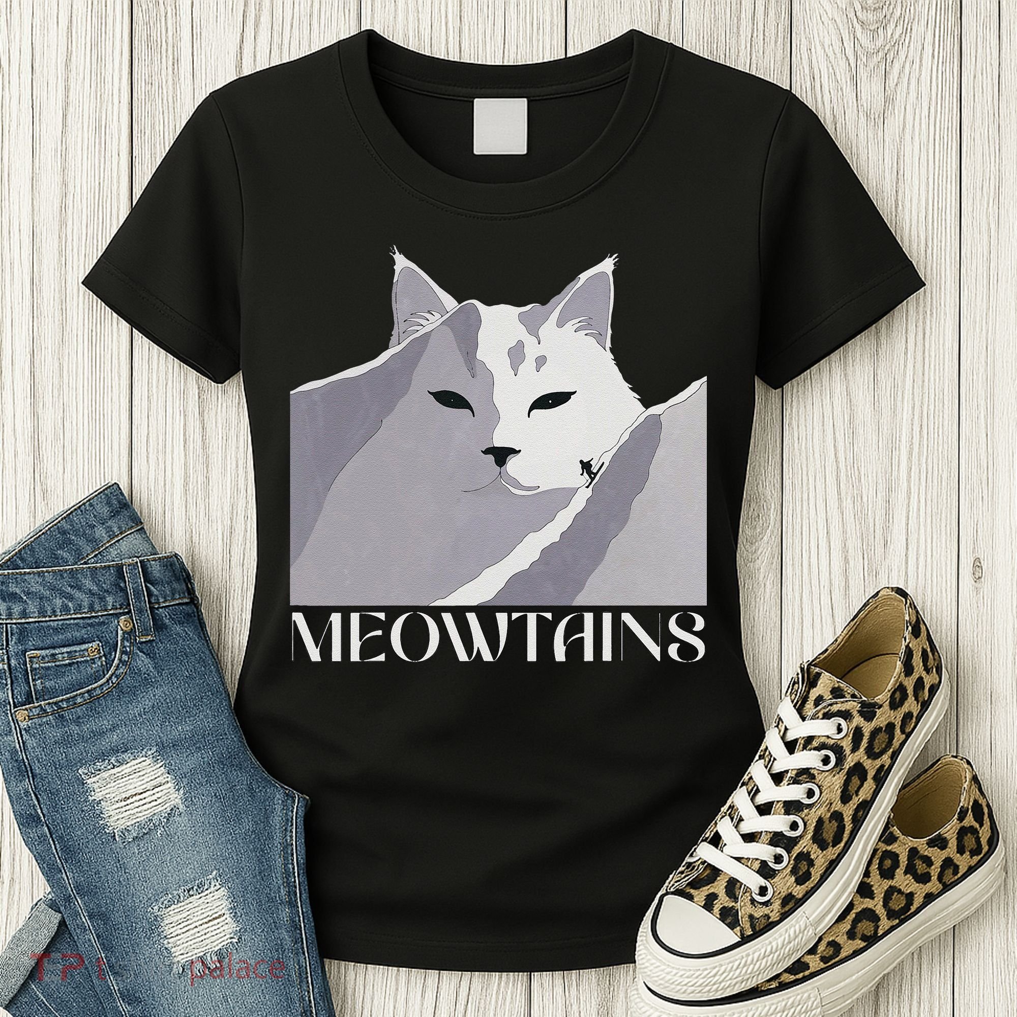 Meowtains Winter Cat Art Snow Skiing On Cat Mountain Women's T-Shirt