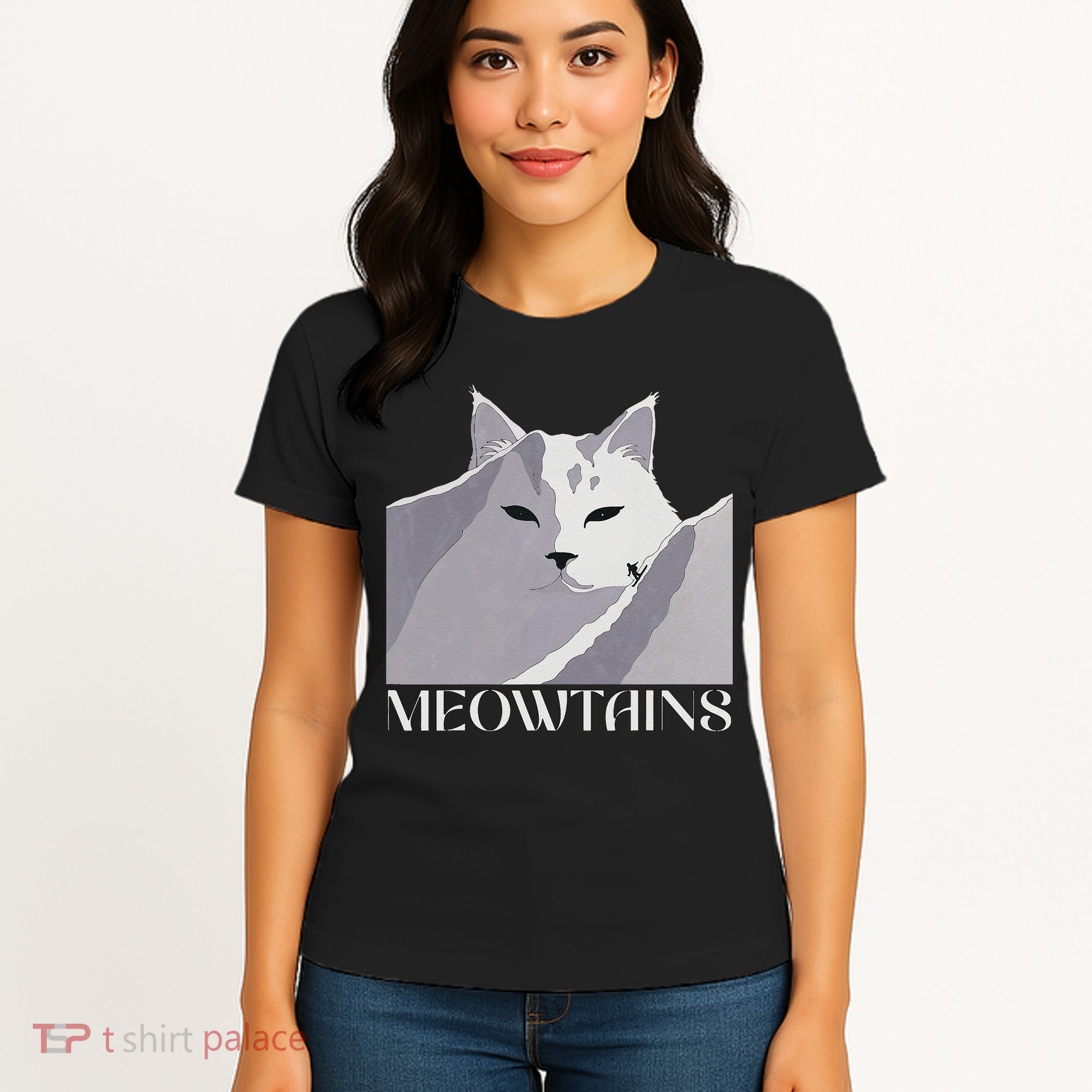 Meowtains Winter Cat Art Snow Skiing On Cat Mountain Women's T-Shirt