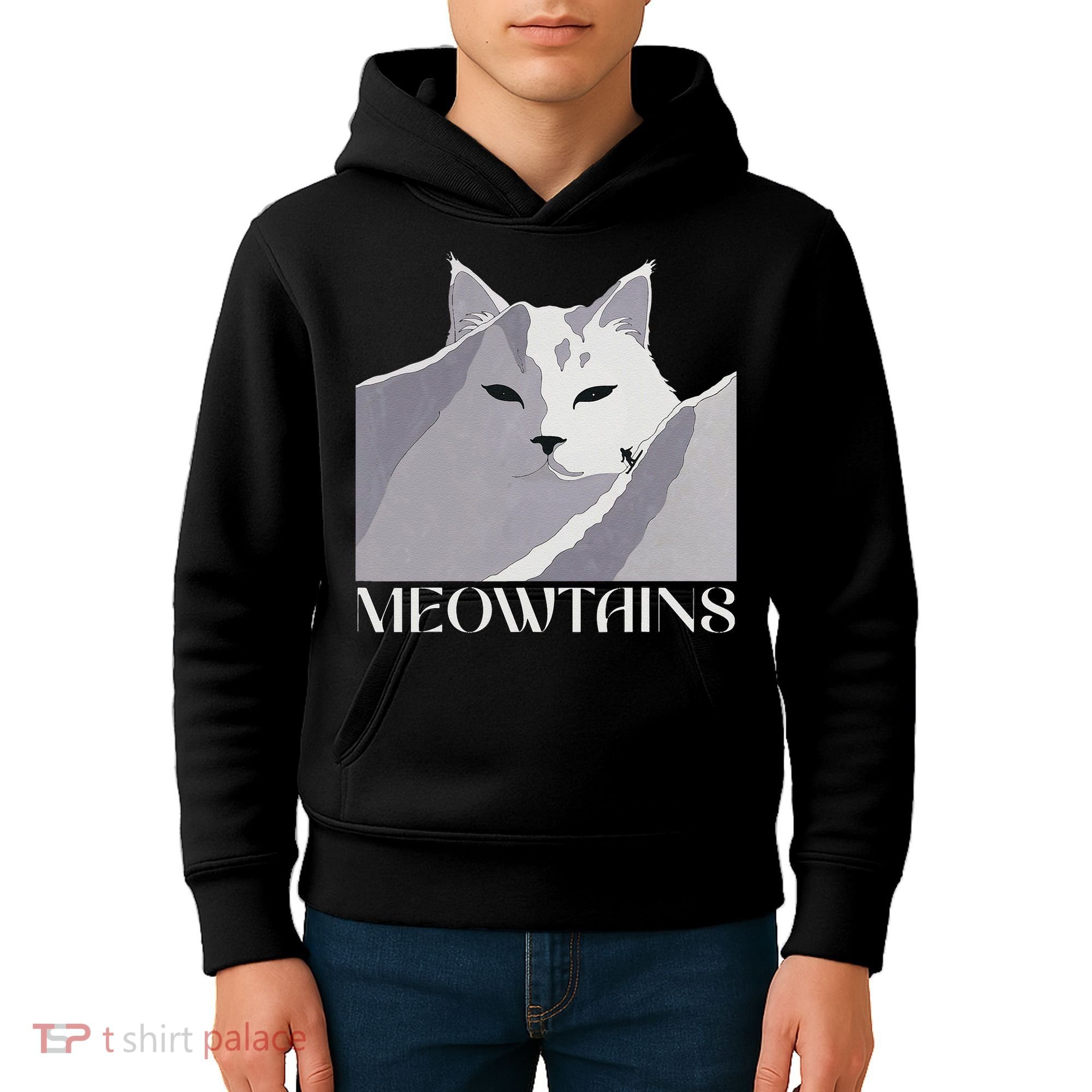 Meowtains Winter Cat Art Snow Skiing On Cat Mountain Kids Hoodie