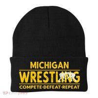 Michigan Wrestling Compete Defeat Repeat Gift Beanie thumb 0
