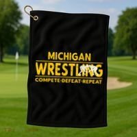 Michigan Wrestling Compete Defeat Repeat Gift Golf Towel thumb 1