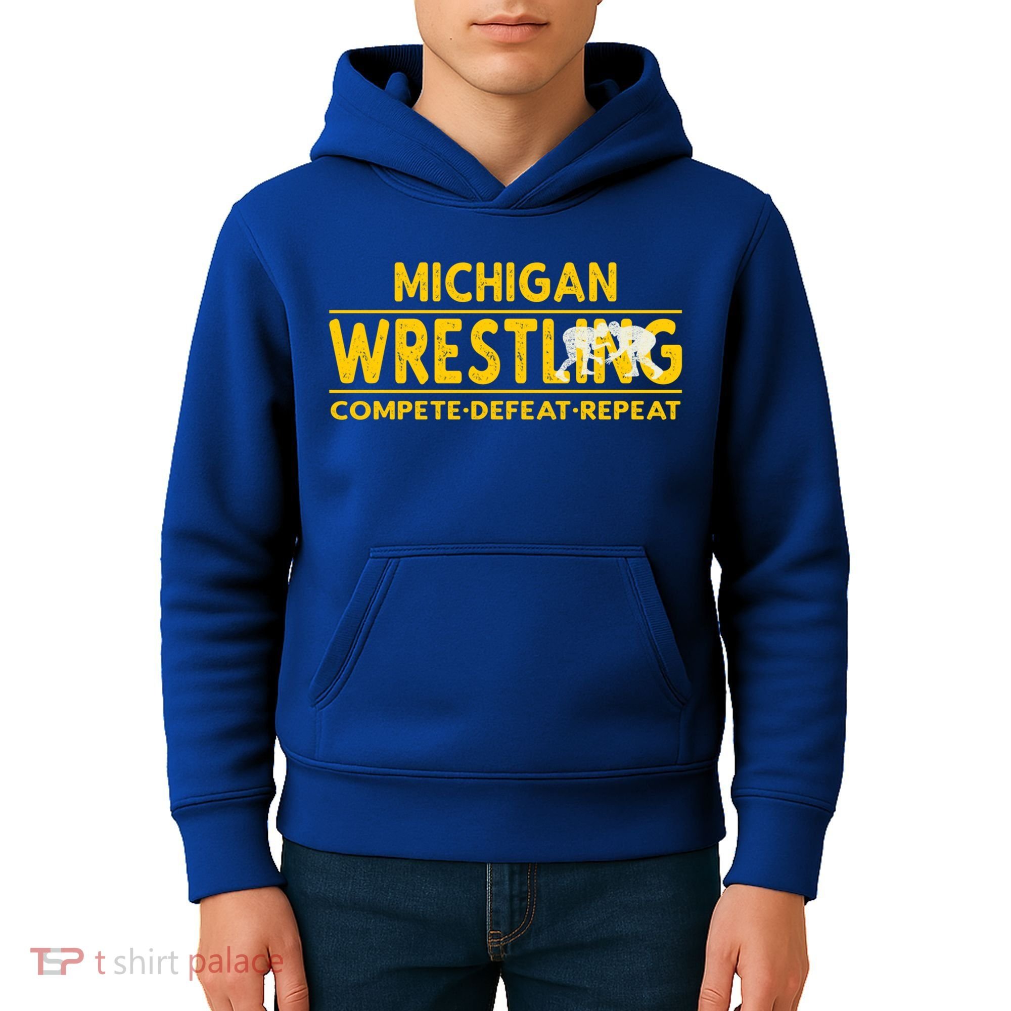 Michigan Wrestling Compete Defeat Repeat Gift Kids Hoodie