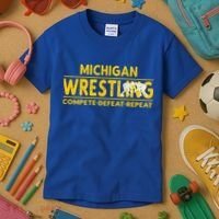 Michigan Wrestling Compete Defeat Repeat Gift Kids T-Shirt thumb 3
