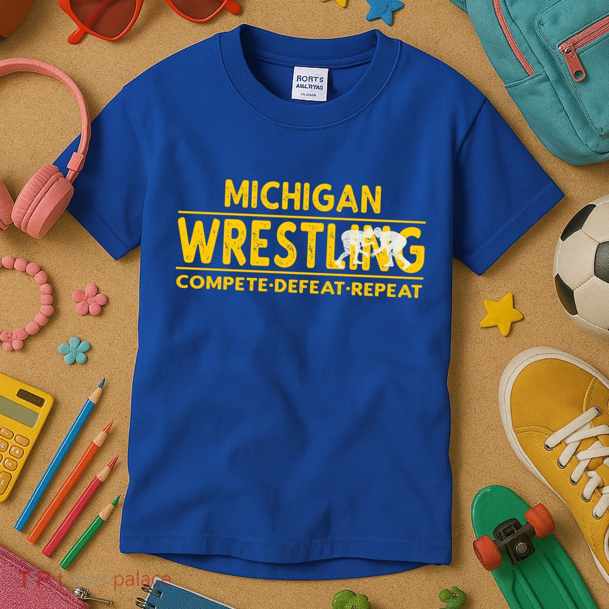 Michigan Wrestling Compete Defeat Repeat Gift Kids T-Shirt