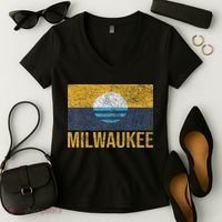 Milwaukee Wisconsin City Flag People's Flag Sunrise Lake Women's V-Neck T-Shirt thumb 2