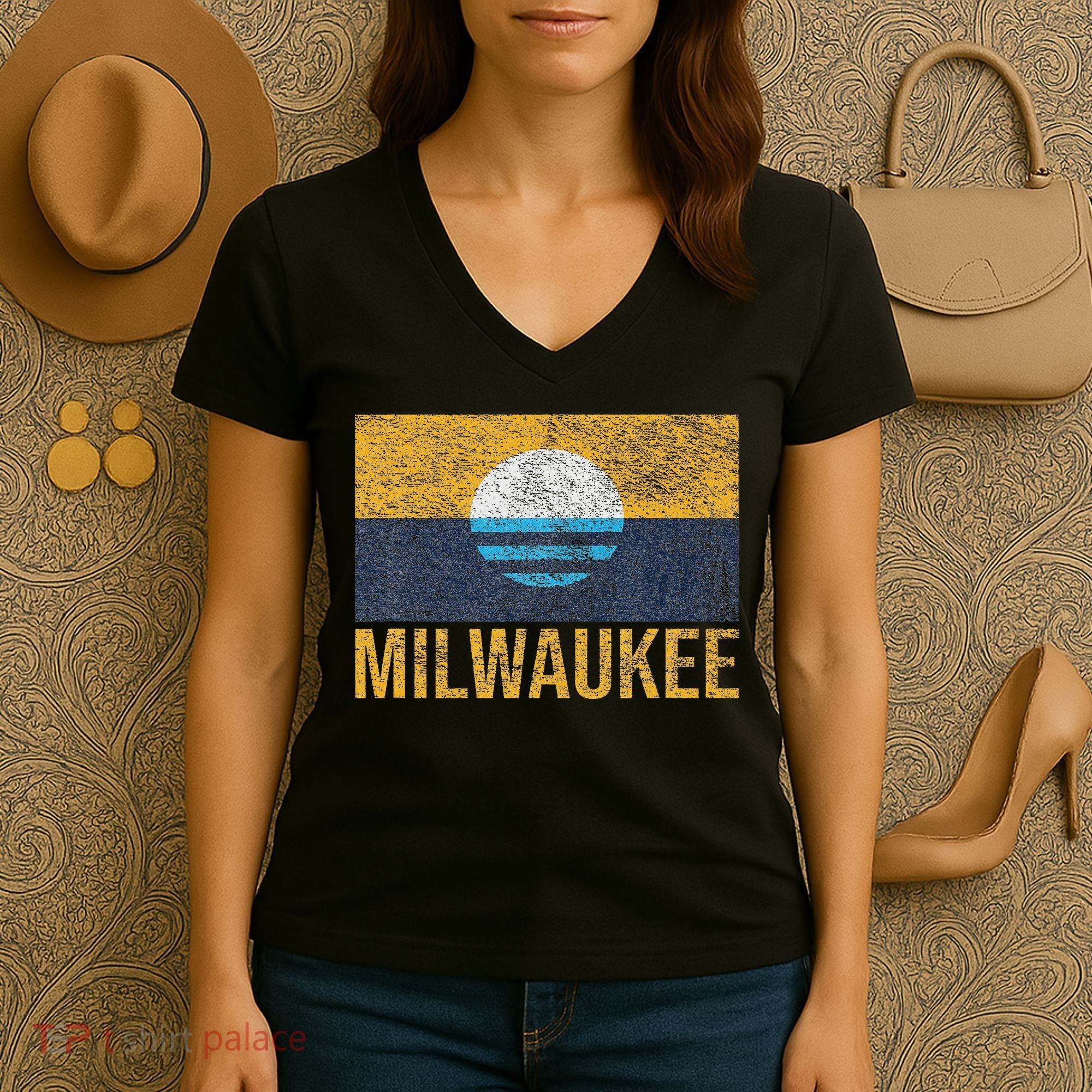 Milwaukee Wisconsin City Flag People's Flag Sunrise Lake Women's V-Neck T-Shirt