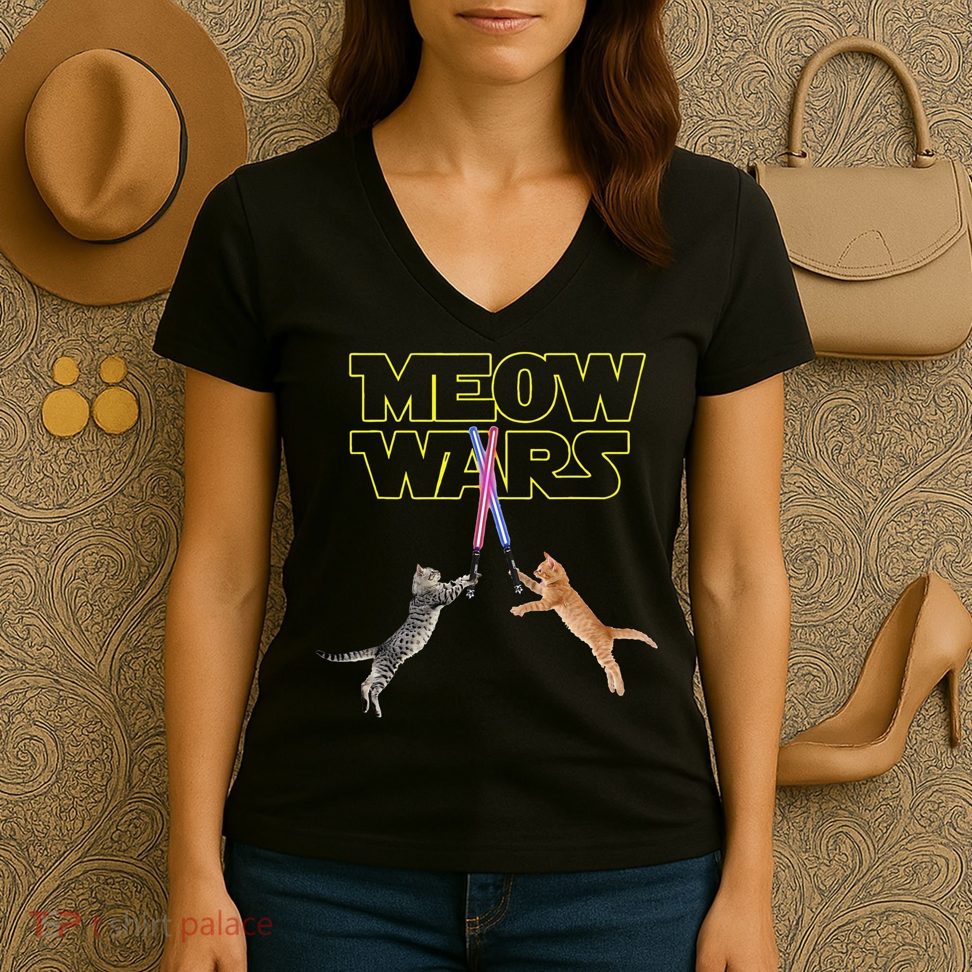 Meow Wars Cat Funny Gifts For Cats Lovers s Women's V-Neck T-Shirt