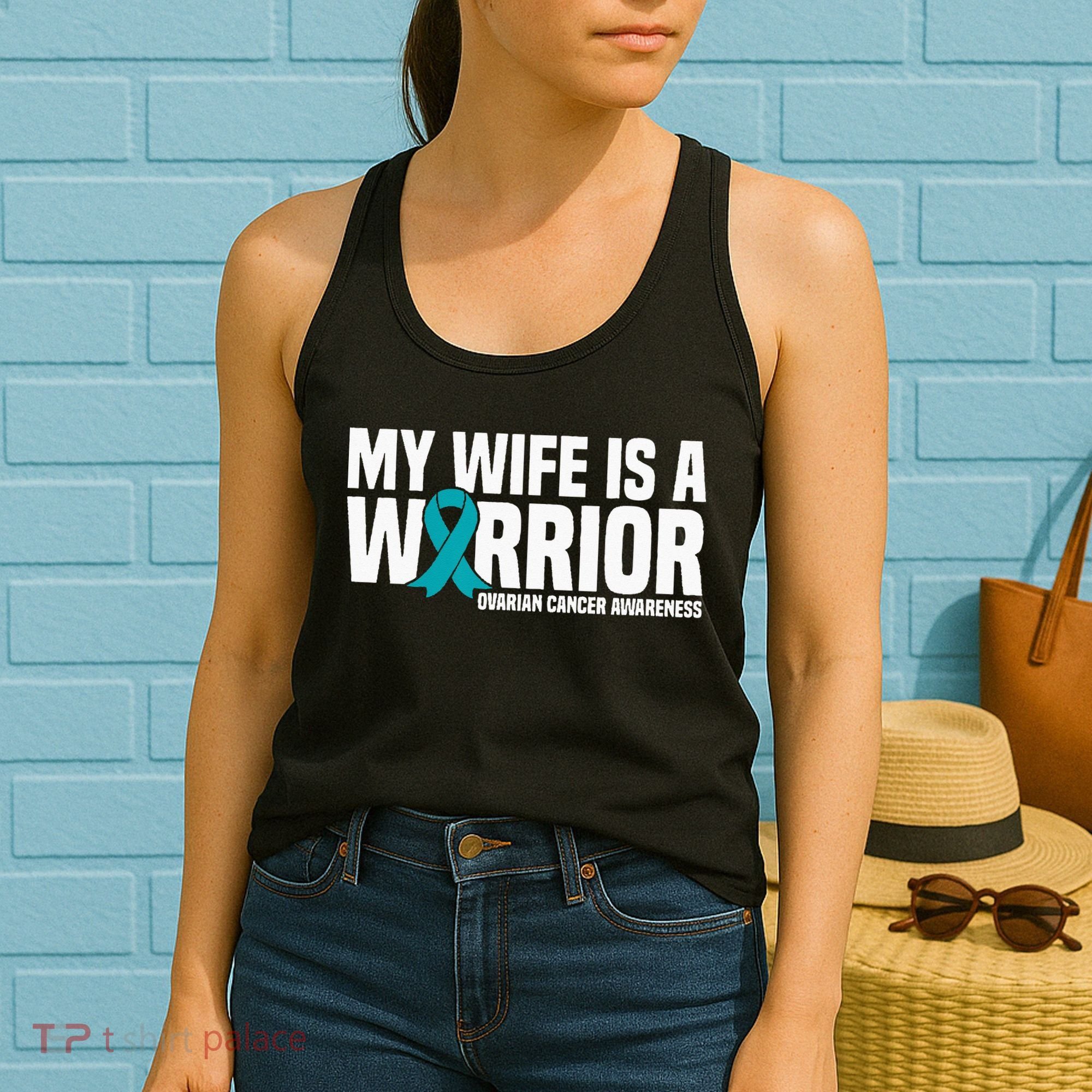 My Wife Is A Warrior Teal Ribbon Ovarian Cancer Awareness Women's Tank Top