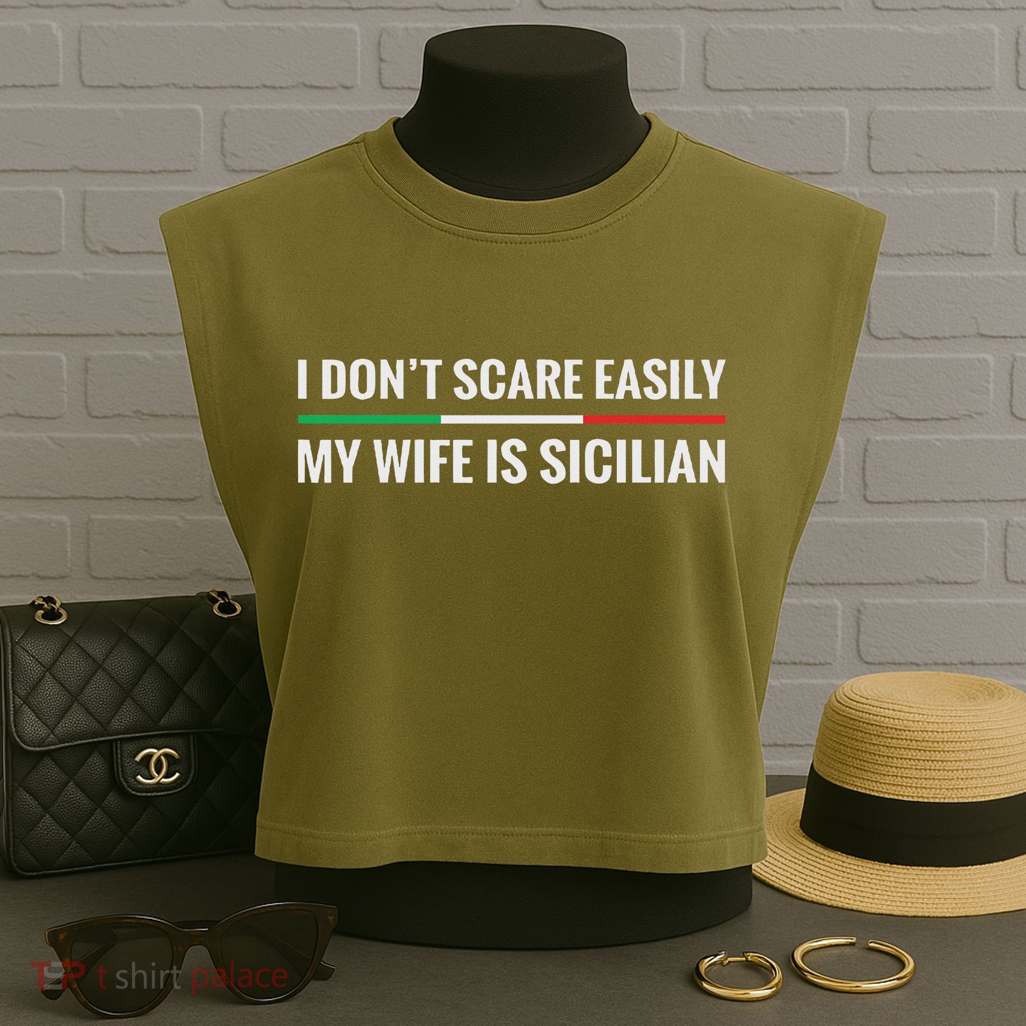 My Wife Is Sicilian Funny Italian American Sicily Gift Garment-Dyed Women's Muscle Tee