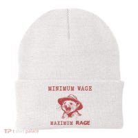 Minimum Wage Maximum Rage Funny Opossums Raccoon Lovers Beanie thumb 0