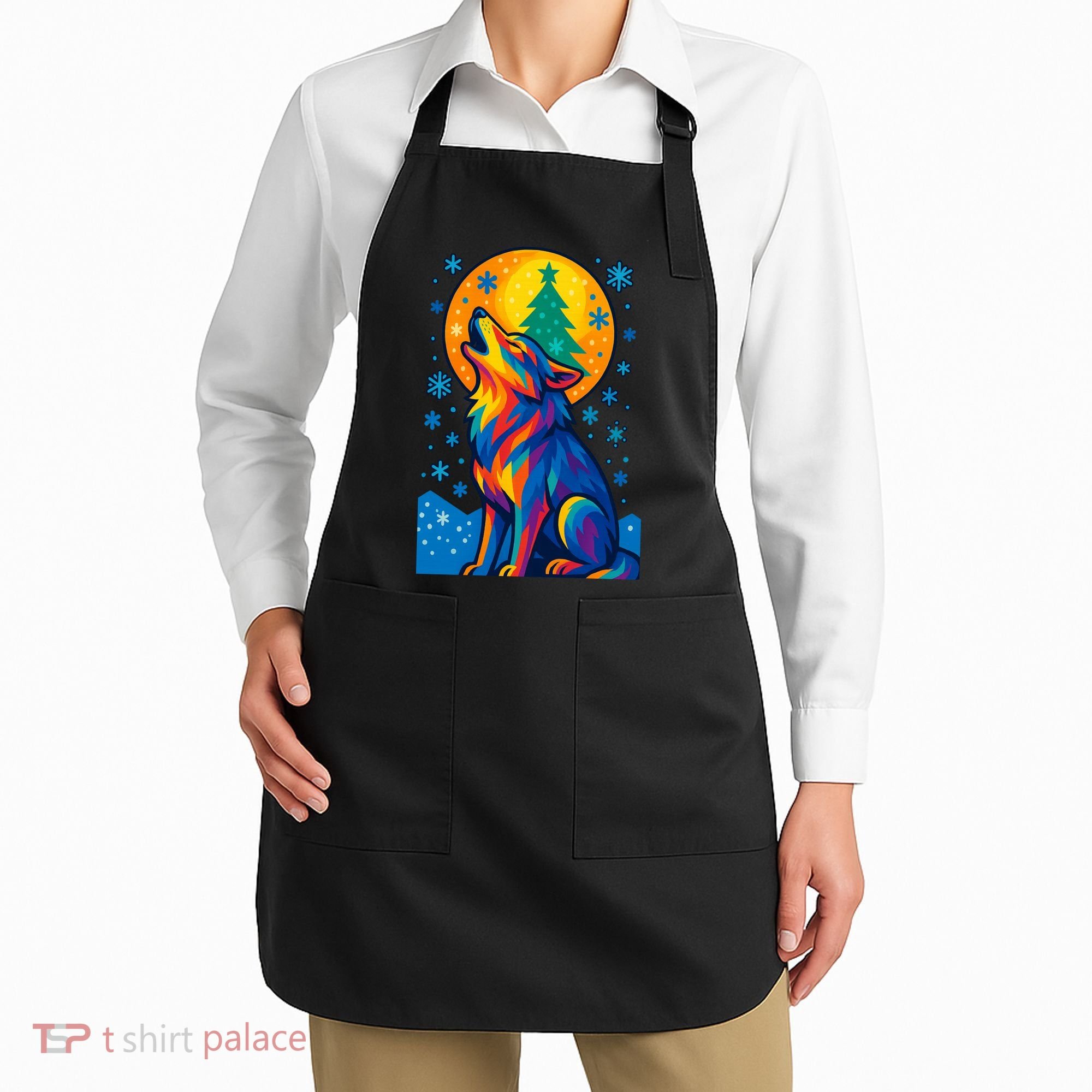 Moonlit Wolf On A Christmas Night Apron