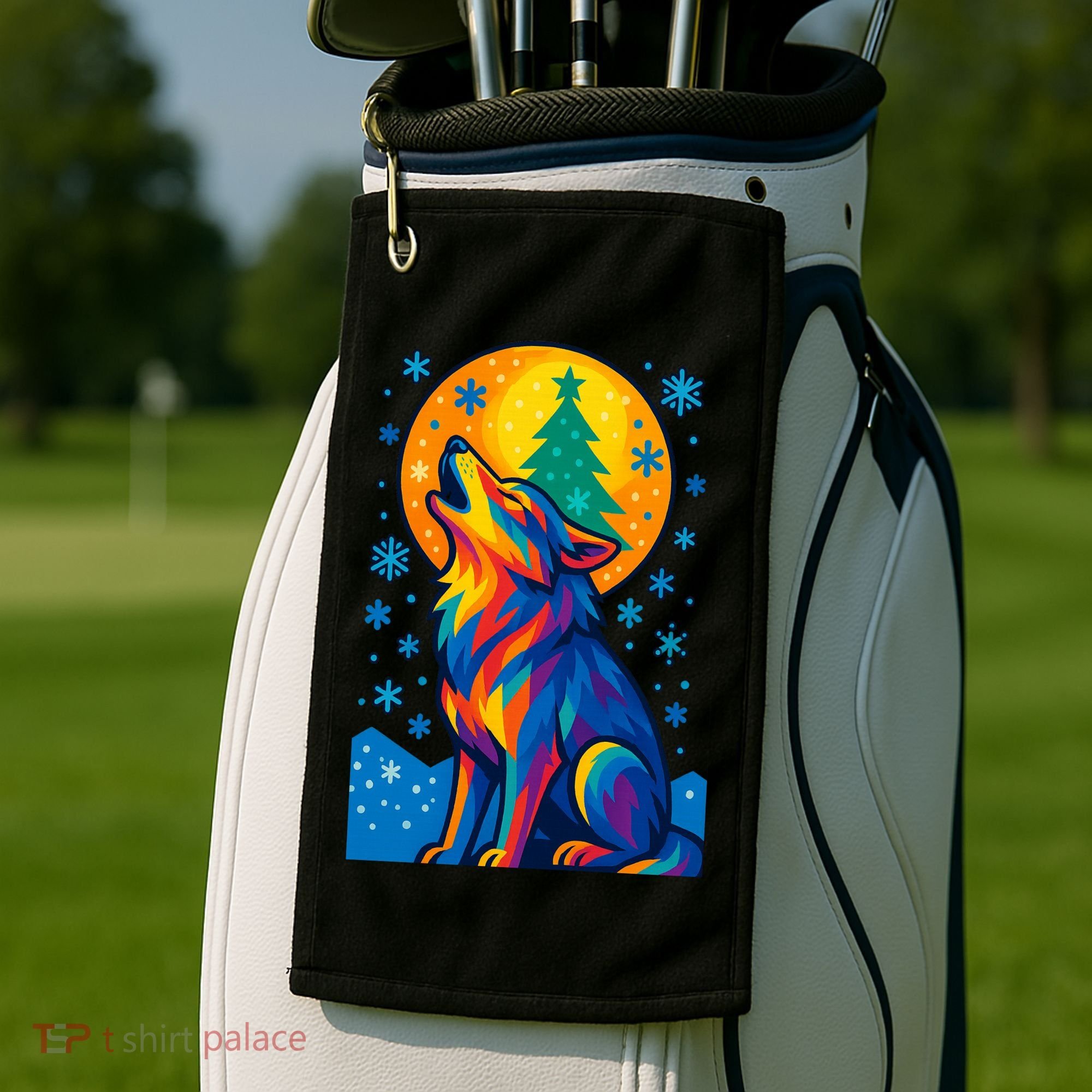 Moonlit Wolf On A Christmas Night Golf Towel