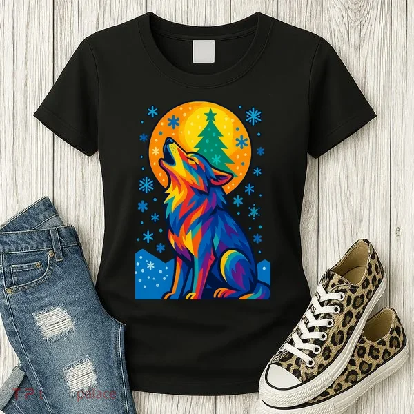 Moonlit Wolf On A Christmas Night Women's T-Shirt
