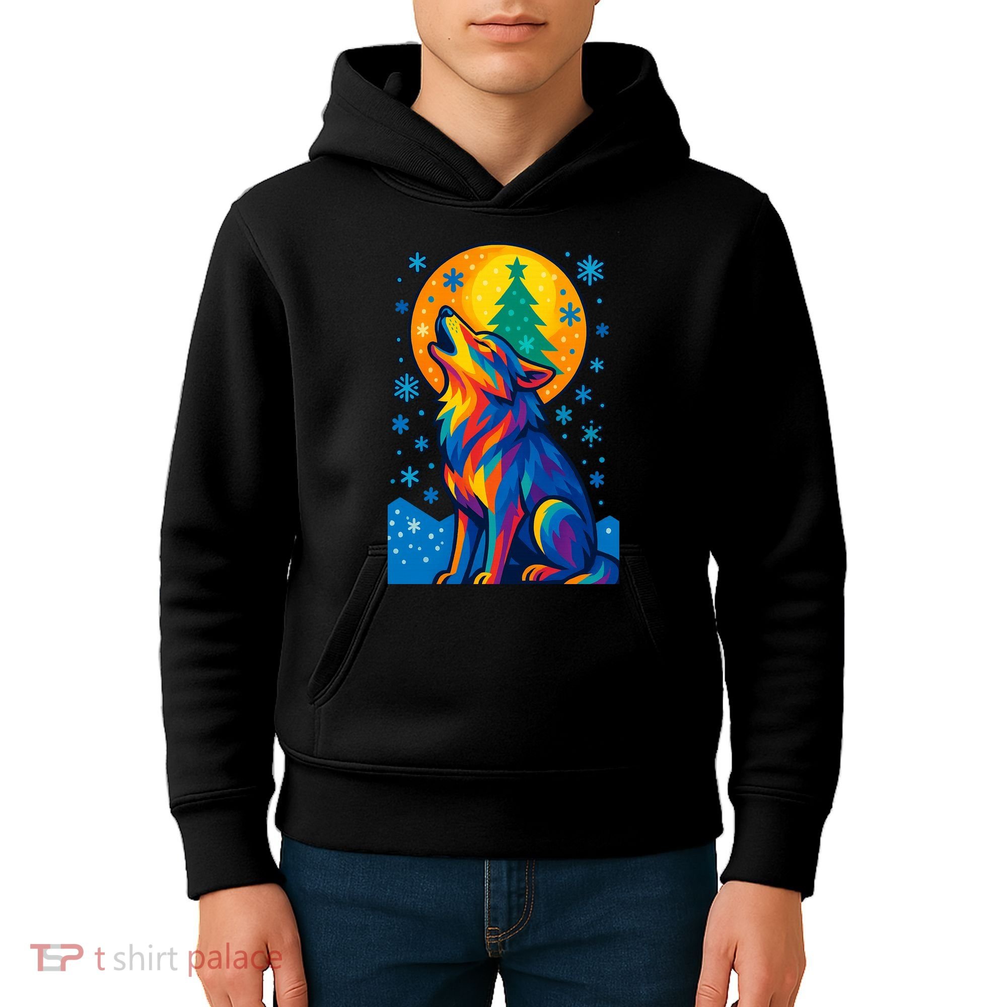 Moonlit Wolf On A Christmas Night Kids Hoodie