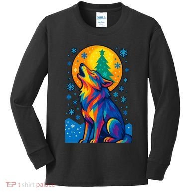 Moonlit Wolf On A Christmas Night Kids Long Sleeve Shirt