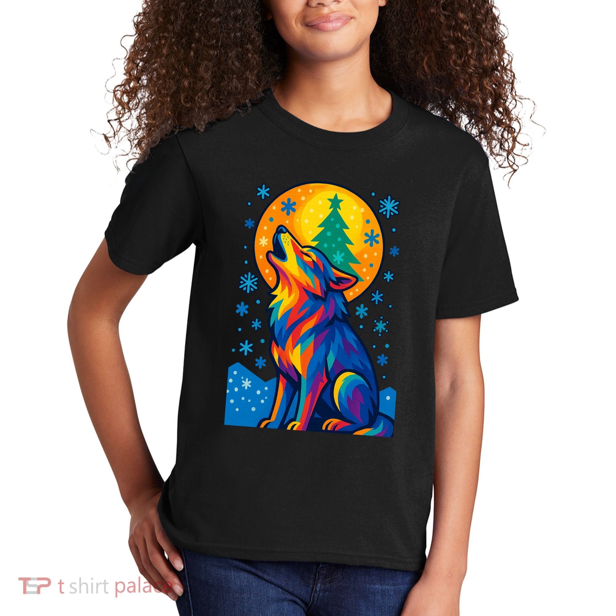 Moonlit Wolf On A Christmas Night Kids T-Shirt