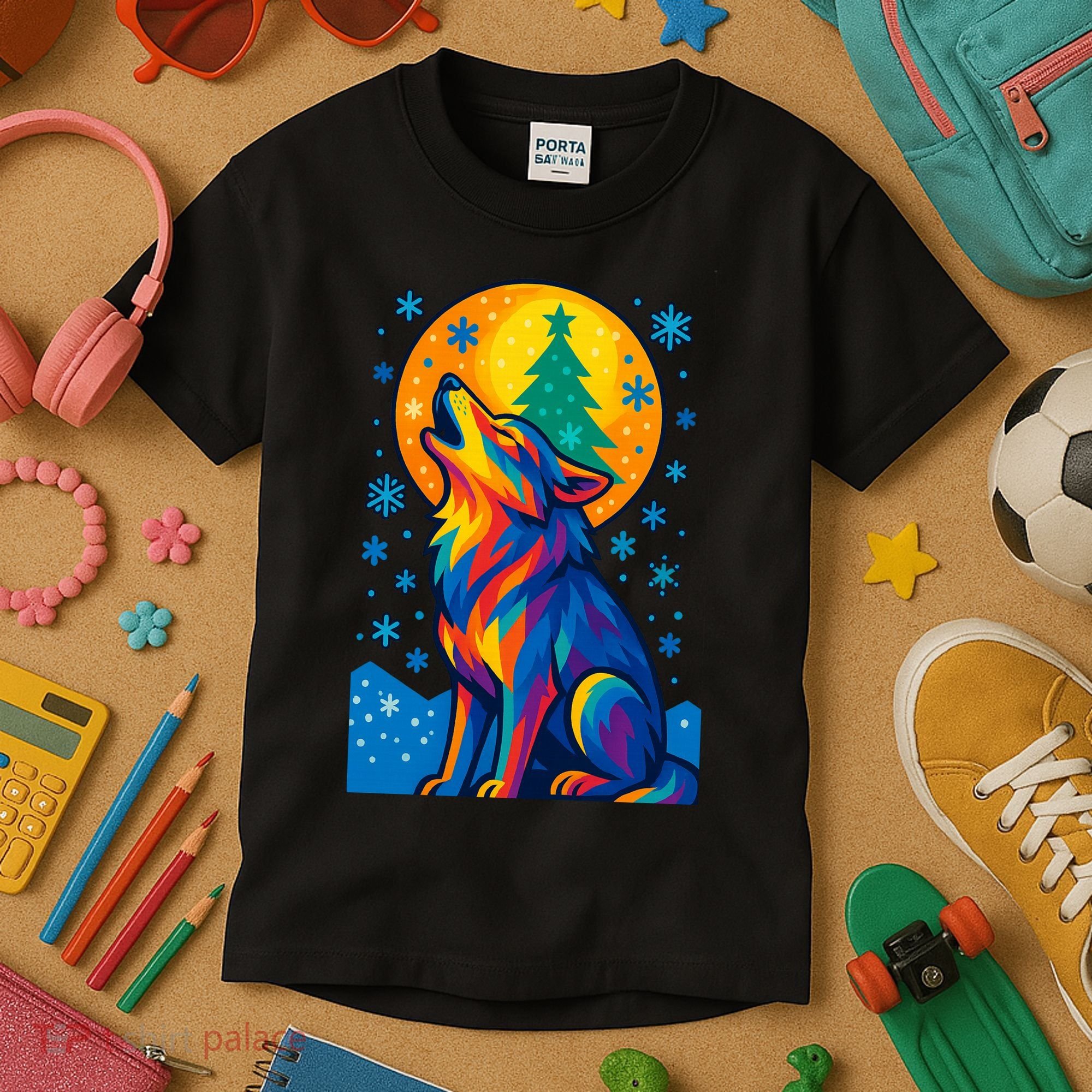 Moonlit Wolf On A Christmas Night Kids T-Shirt
