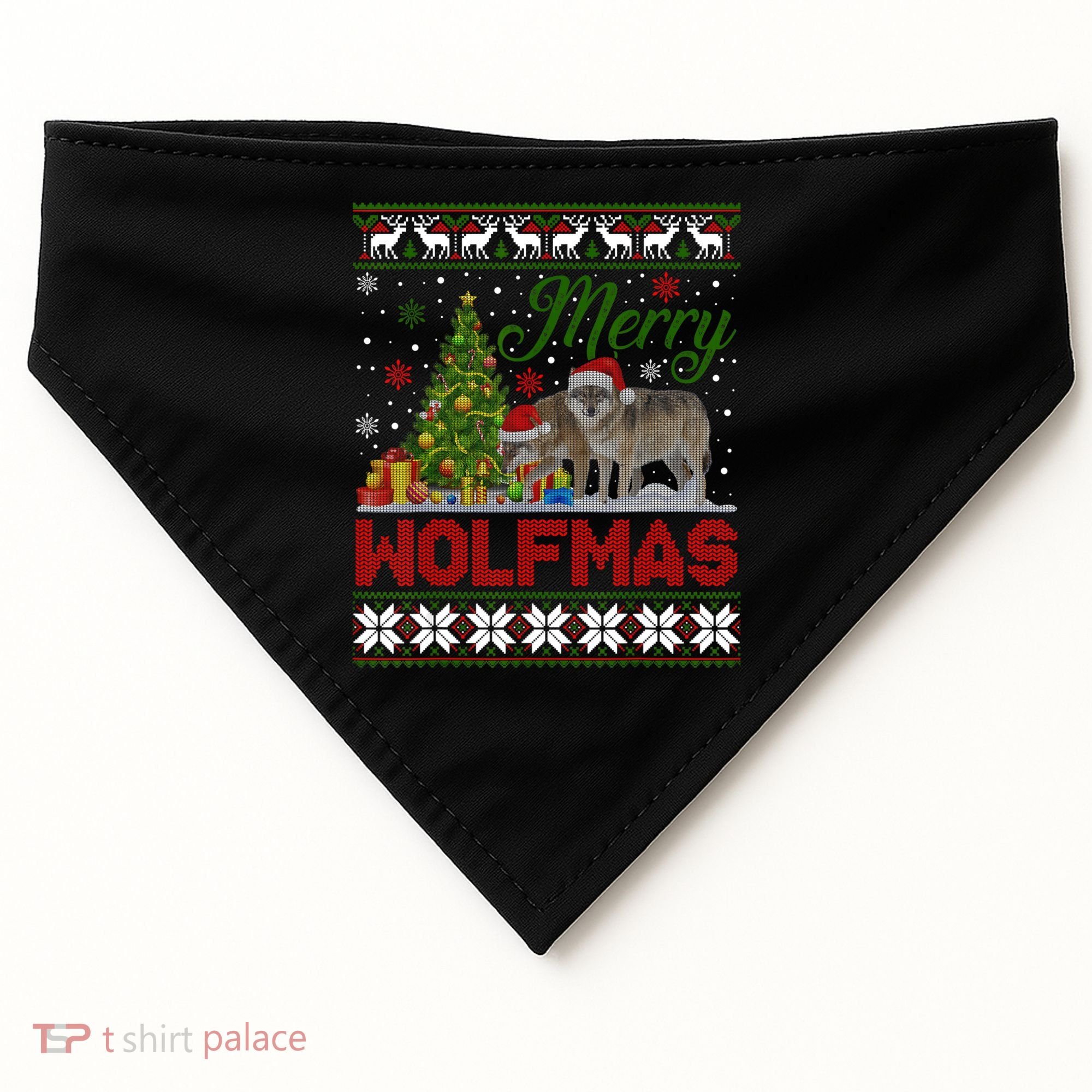 Merry Wolfmas Wolf Christmas Tree Funny Animal Lovers Xmas USA-Made Doggie Bandana