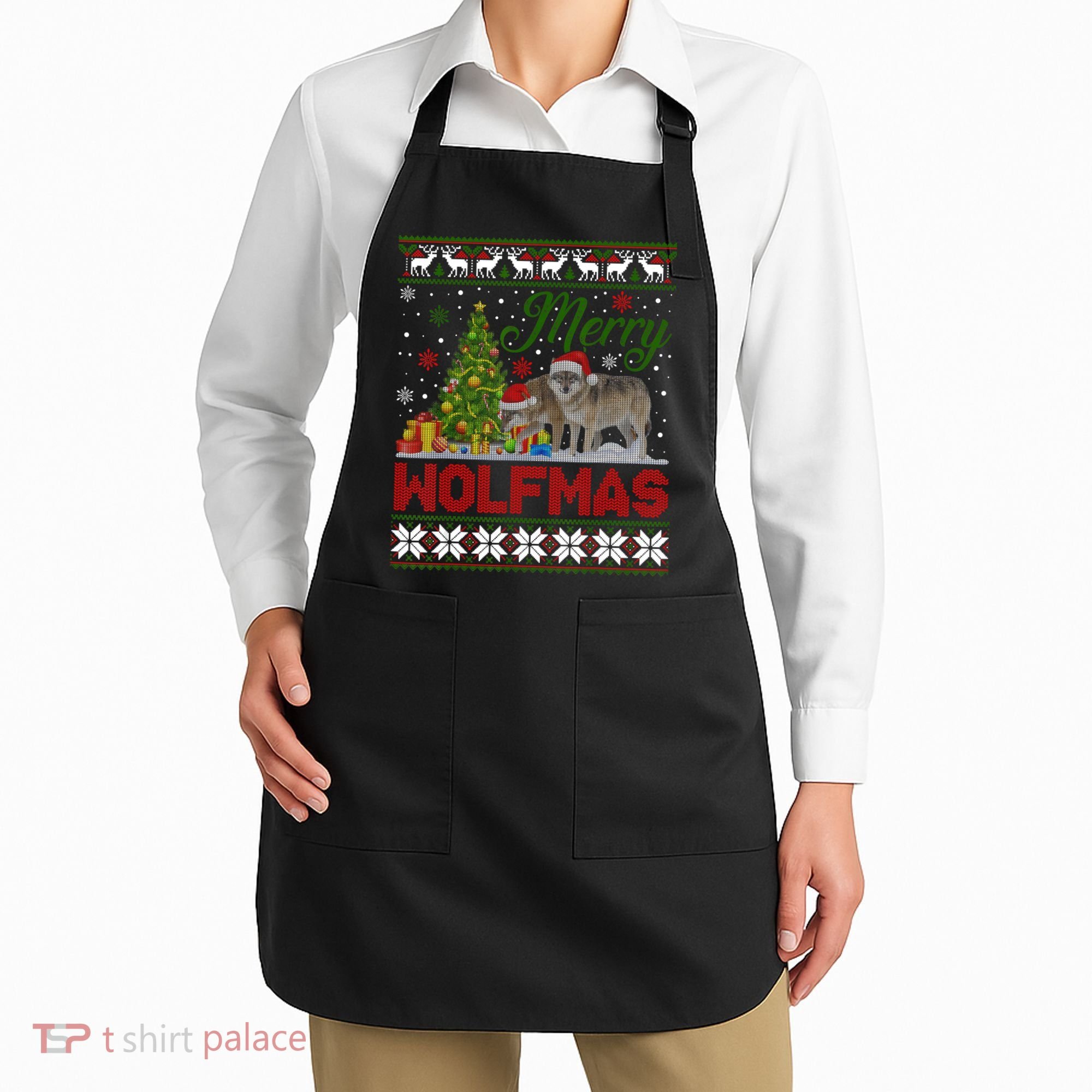 Merry Wolfmas Wolf Christmas Tree Funny Animal Lovers Xmas Apron