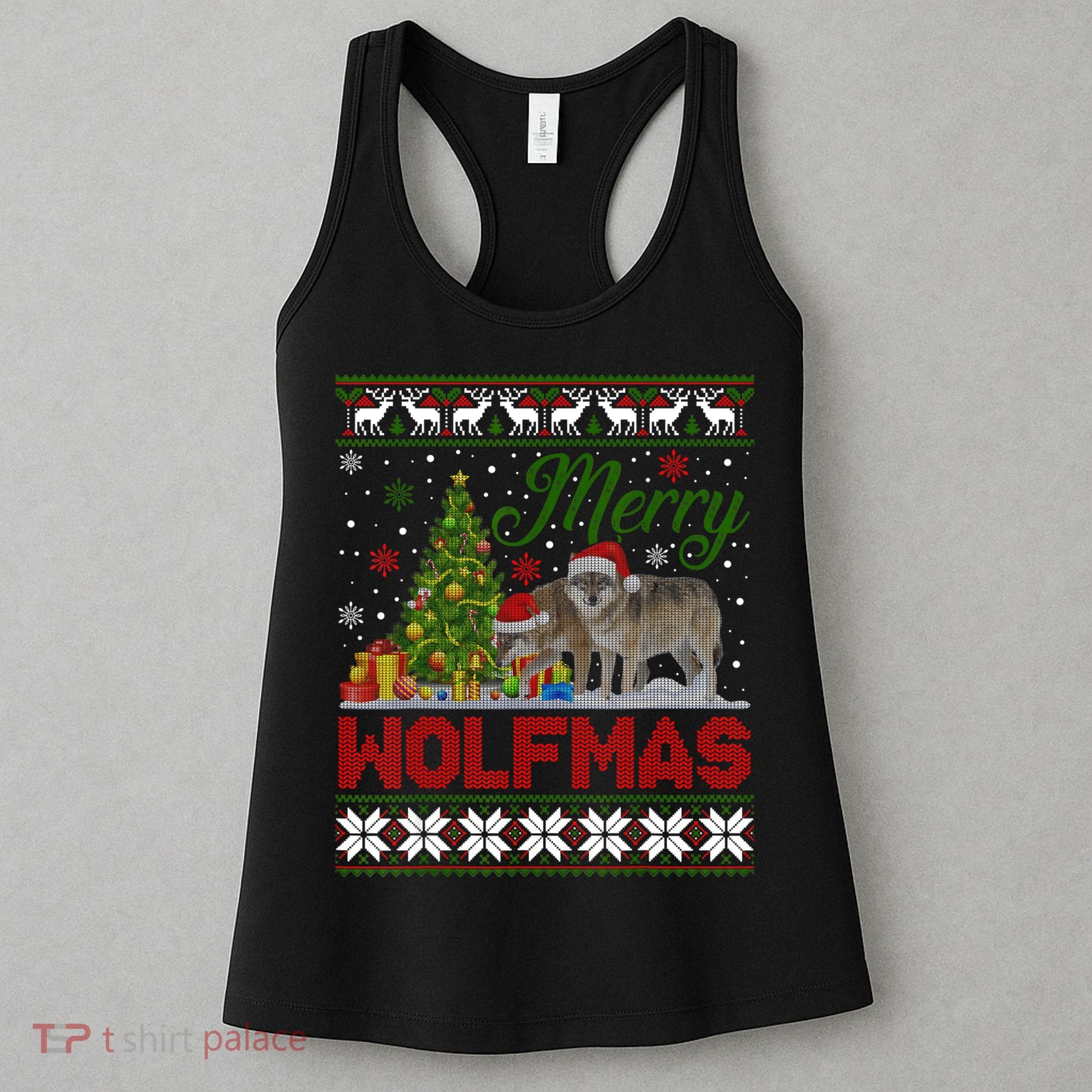 Merry Wolfmas Wolf Christmas Tree Funny Animal Lovers Xmas Women's Tank Top