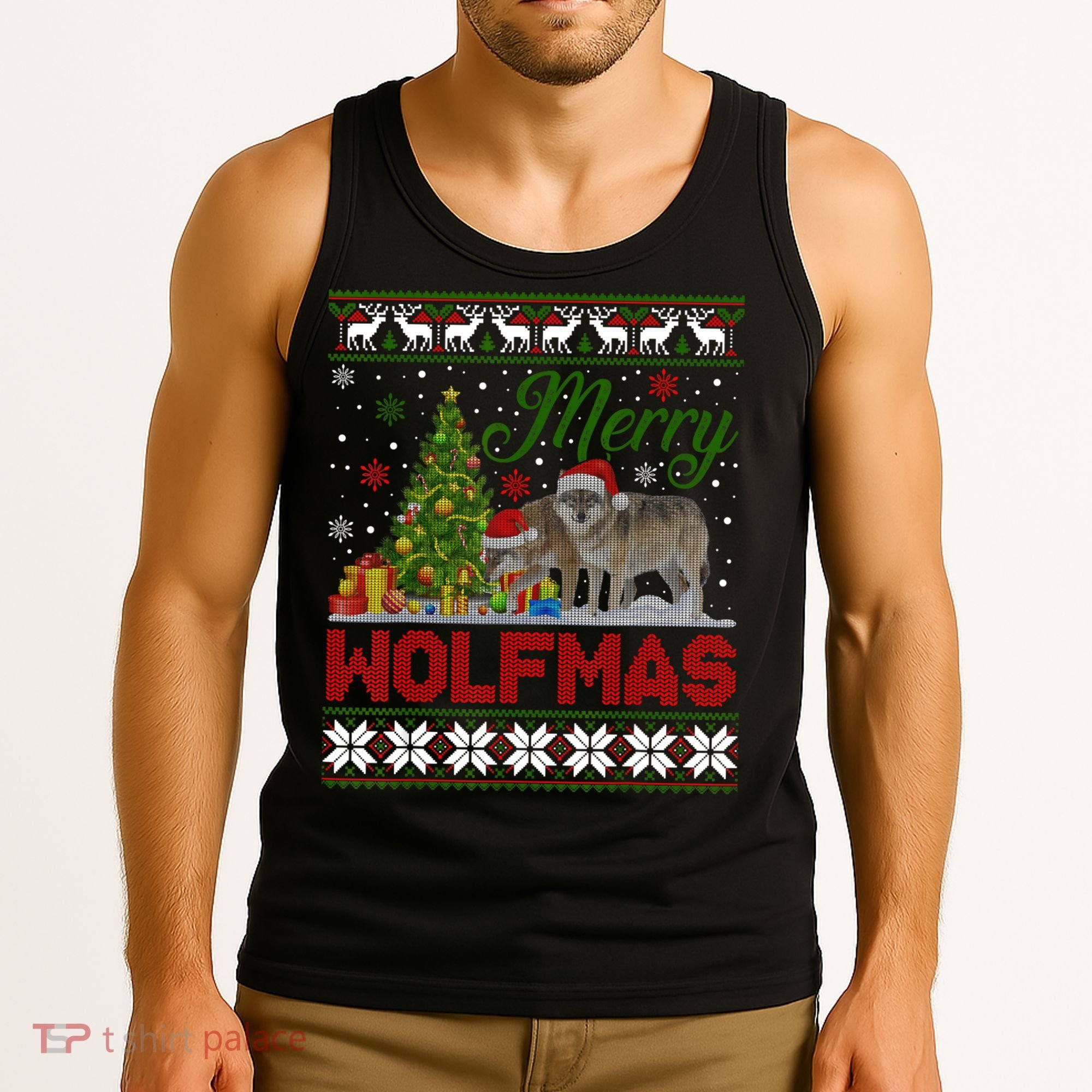 Merry Wolfmas Wolf Christmas Tree Funny Animal Lovers Xmas Tank Top