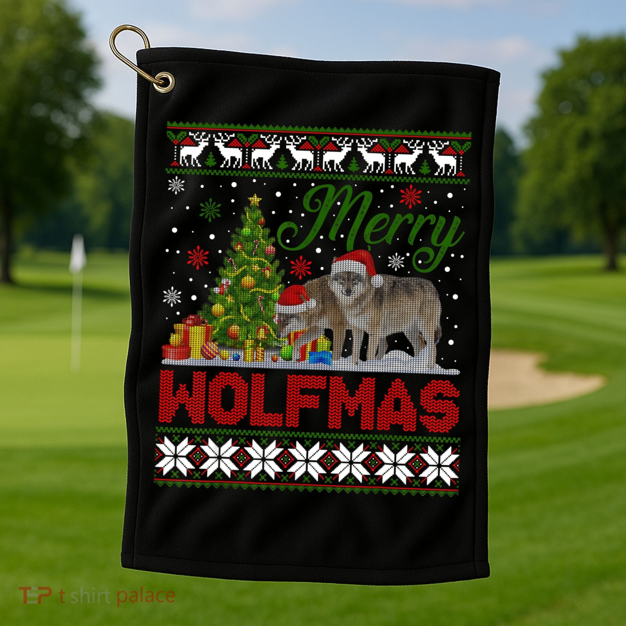Merry Wolfmas Wolf Christmas Tree Funny Animal Lovers Xmas Golf Towel