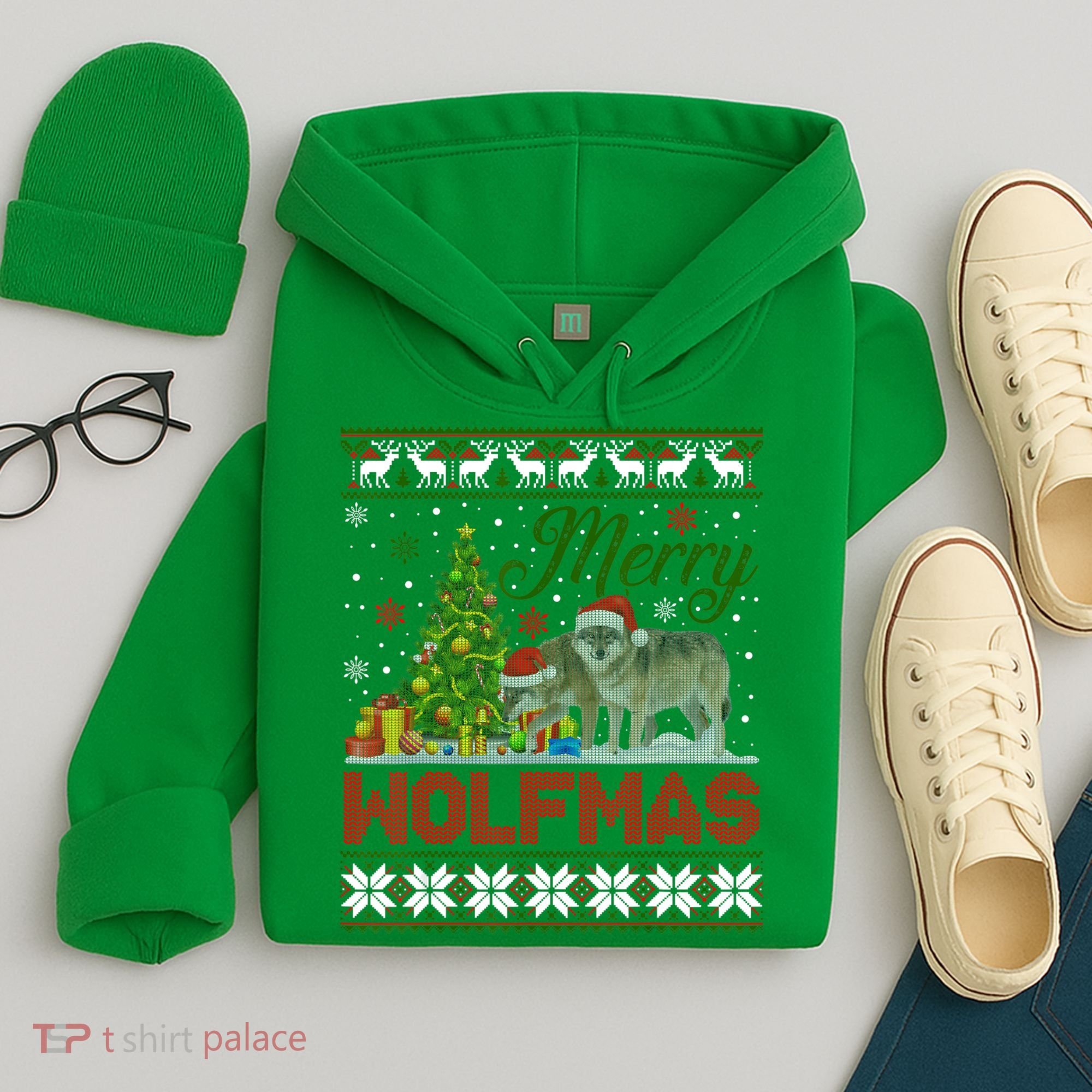 Merry Wolfmas Wolf Christmas Tree Funny Animal Lovers Xmas Hoodie