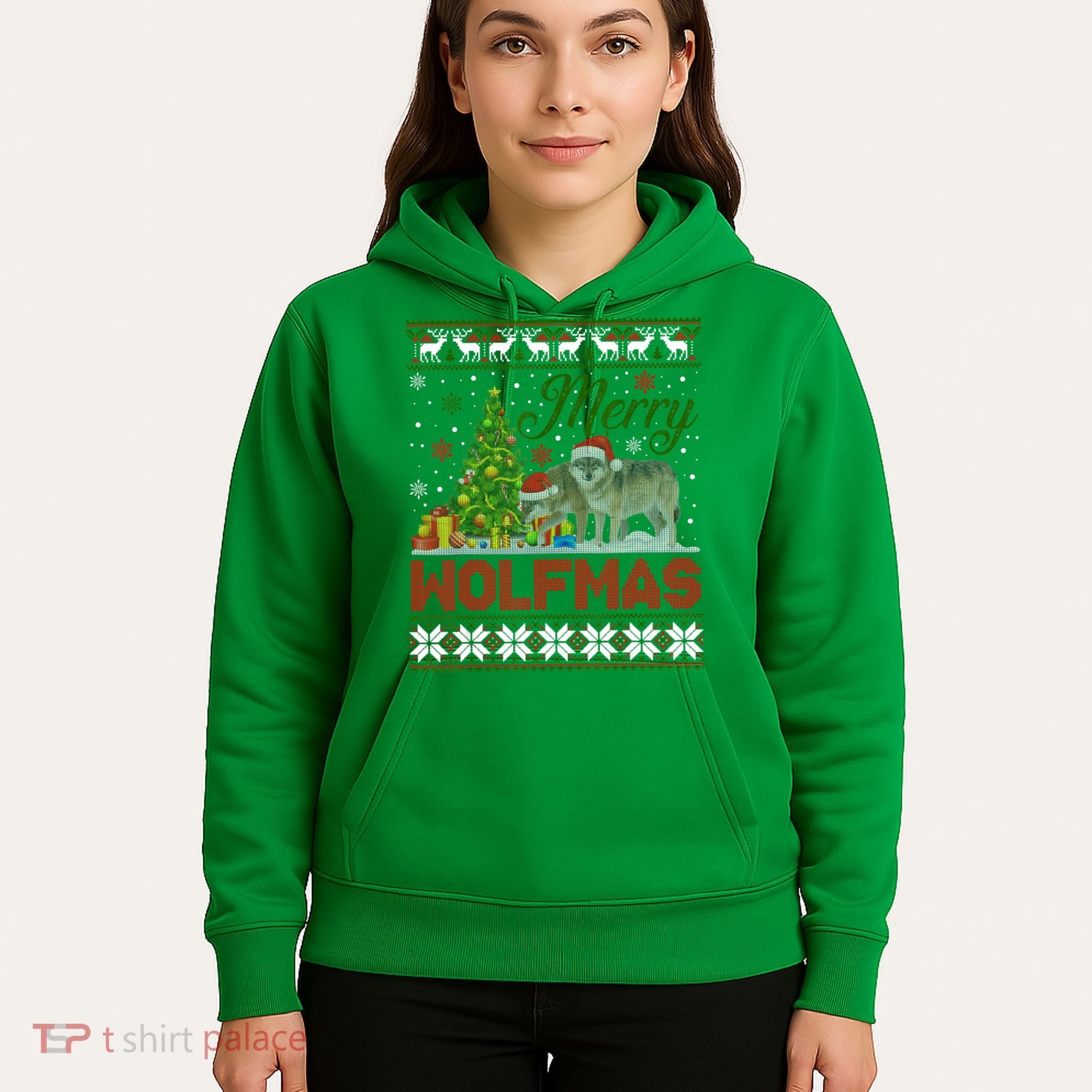 Merry Wolfmas Wolf Christmas Tree Funny Animal Lovers Xmas Hoodie