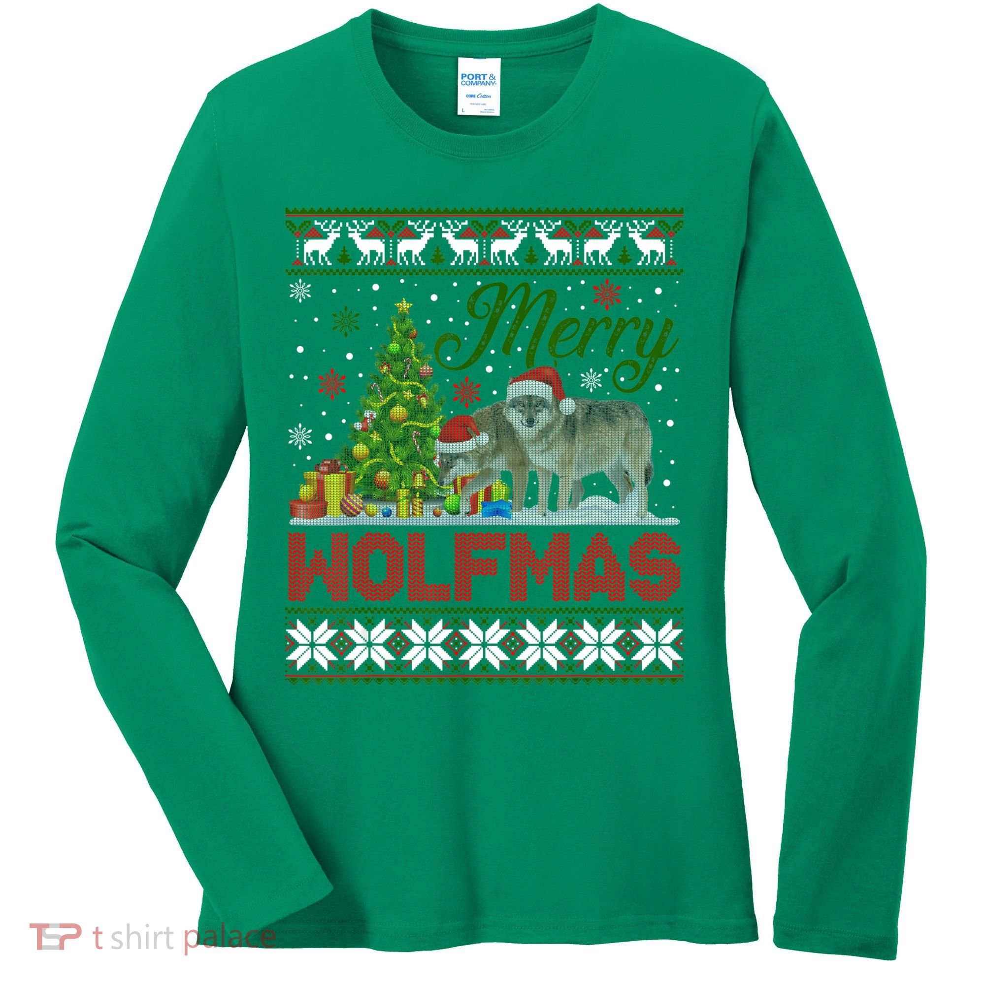 Merry Wolfmas Wolf Christmas Tree Funny Animal Lovers Xmas Women's Long Sleeve Shirt