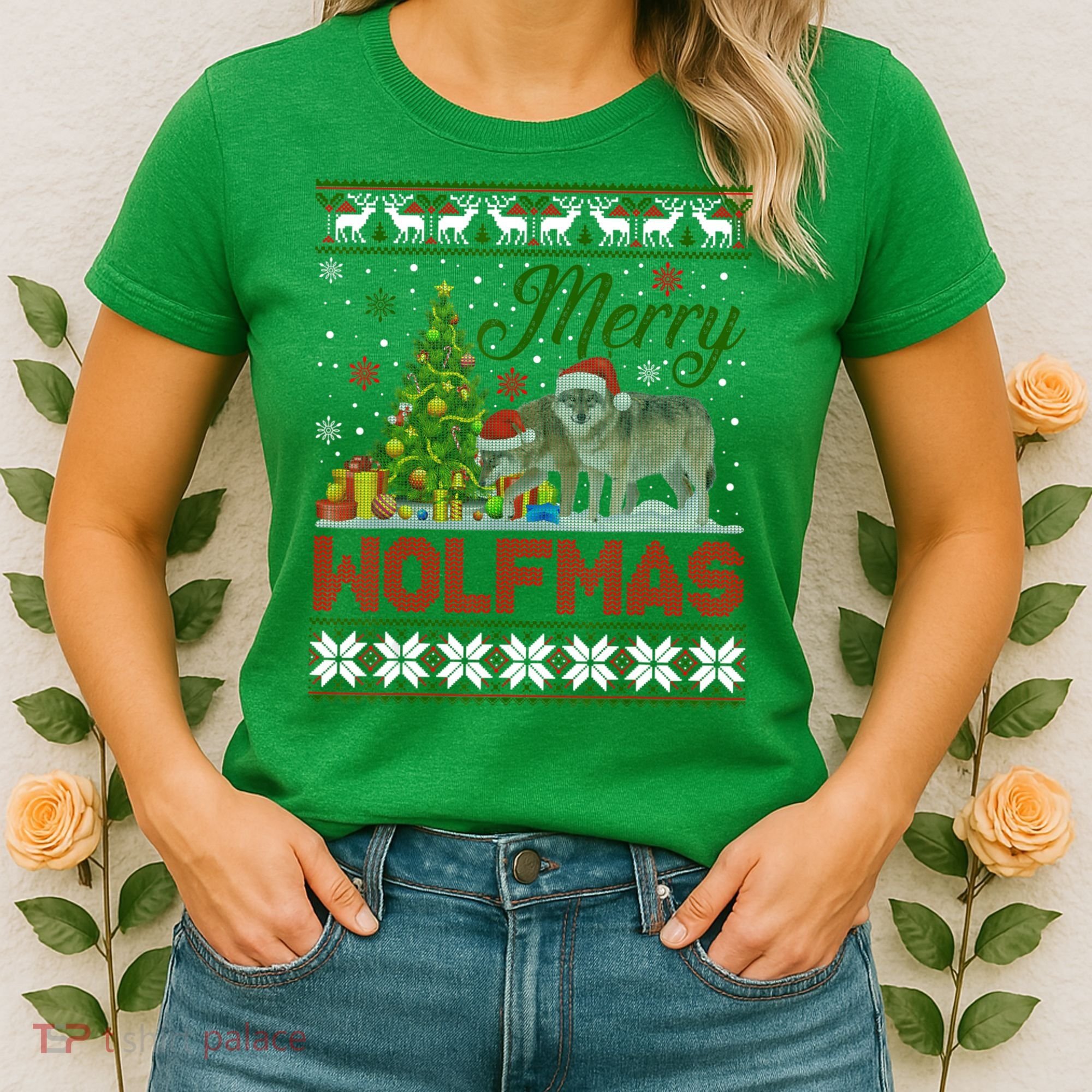 Merry Wolfmas Wolf Christmas Tree Funny Animal Lovers Xmas Women's T-Shirt