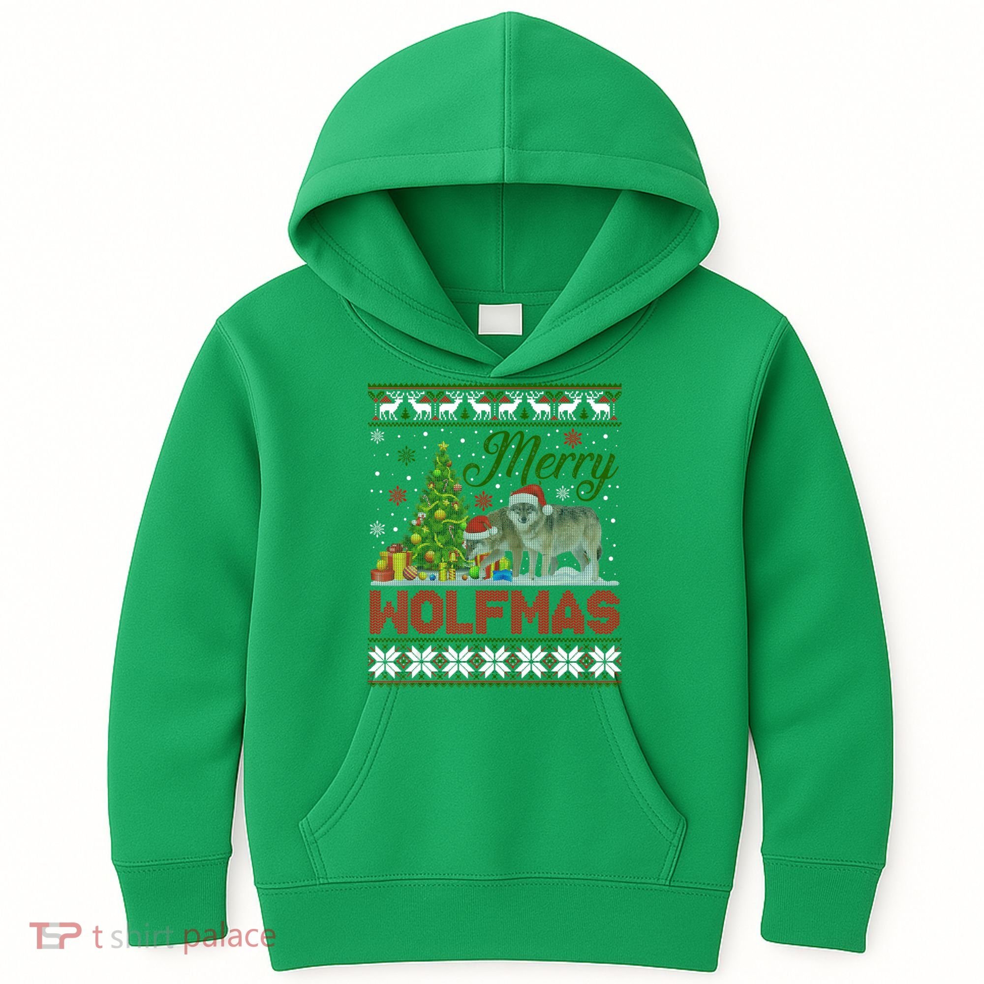 Merry Wolfmas Wolf Christmas Tree Funny Animal Lovers Xmas Kids Hoodie
