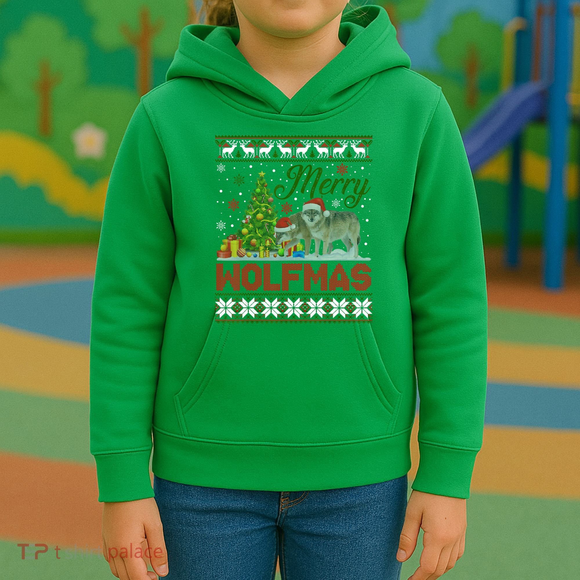 Merry Wolfmas Wolf Christmas Tree Funny Animal Lovers Xmas Kids Hoodie