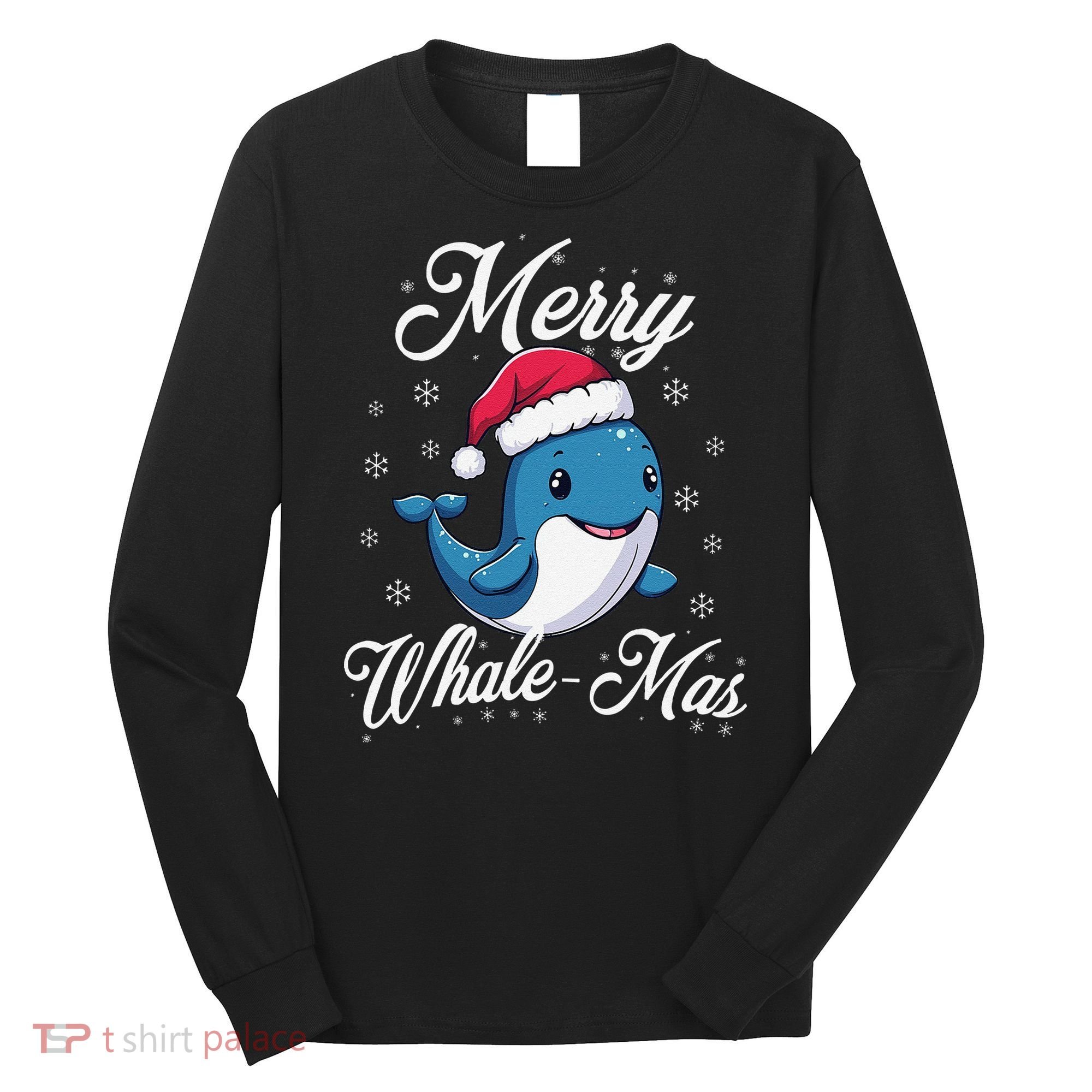 Merry Whalemas Whale With Santa Hat Orcas Christmas Puns Long Sleeve Shirt