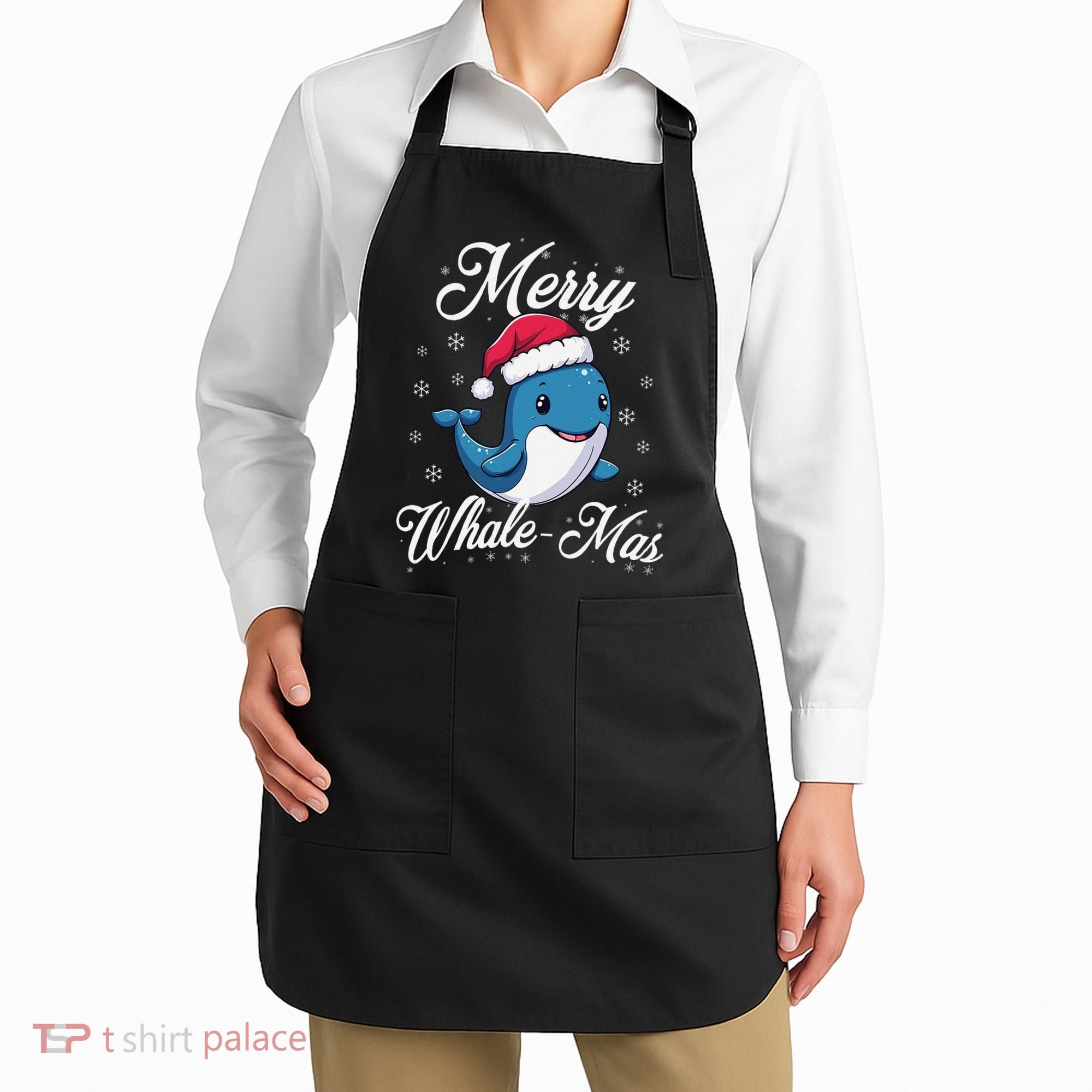 Merry Whalemas Whale With Santa Hat Orcas Christmas Puns Apron