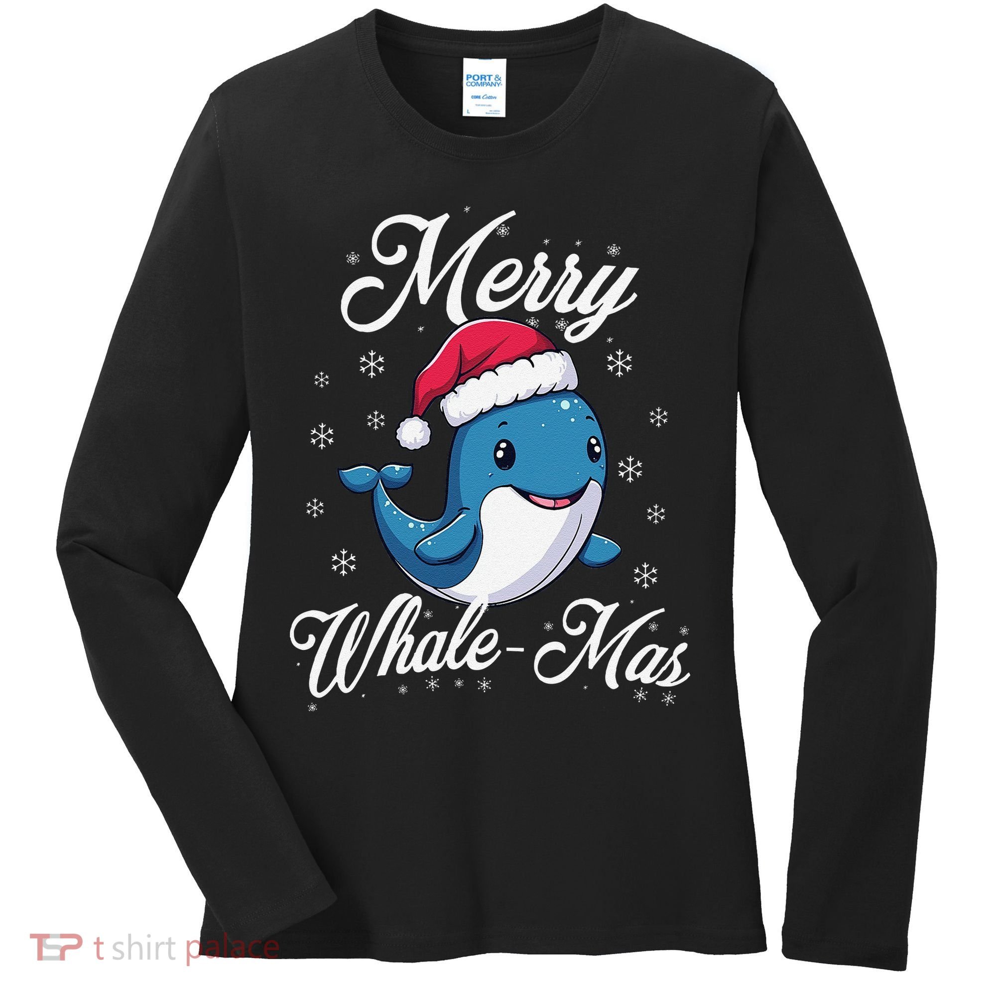 Merry Whalemas Whale With Santa Hat Orcas Christmas Puns Women's Long Sleeve Shirt
