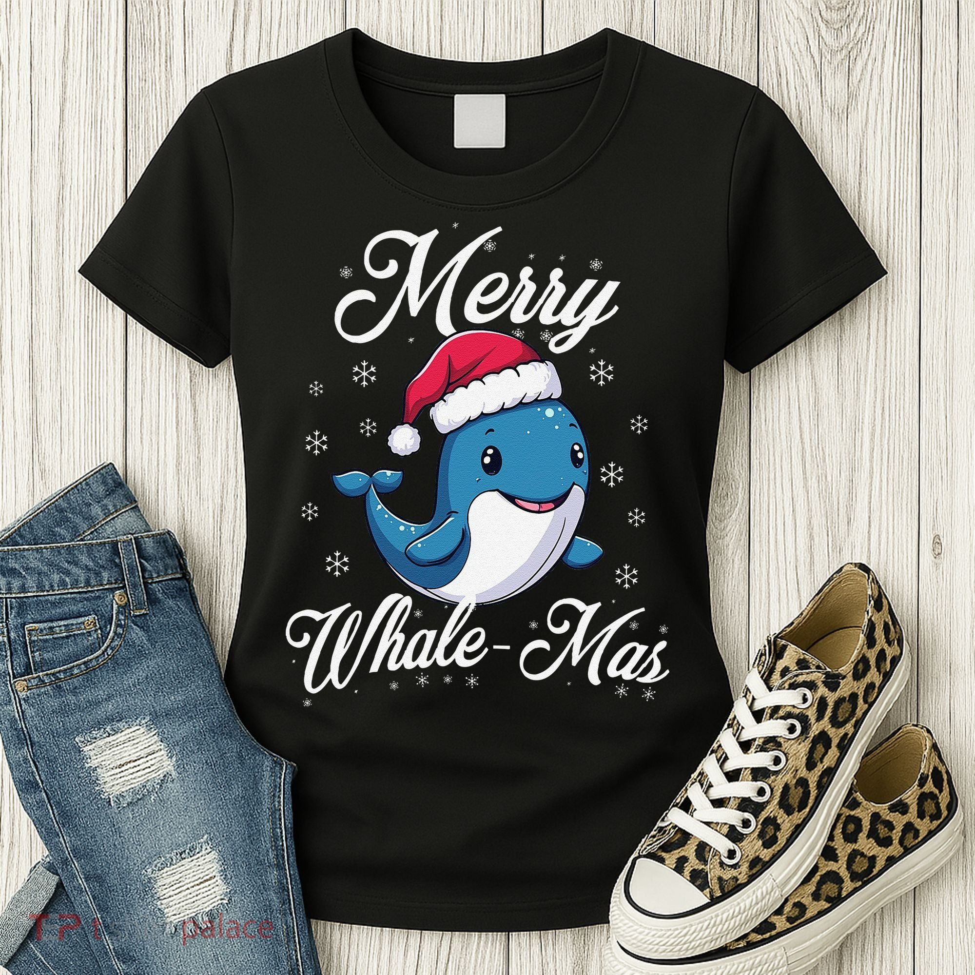 Merry Whalemas Whale With Santa Hat Orcas Christmas Puns Women's T-Shirt