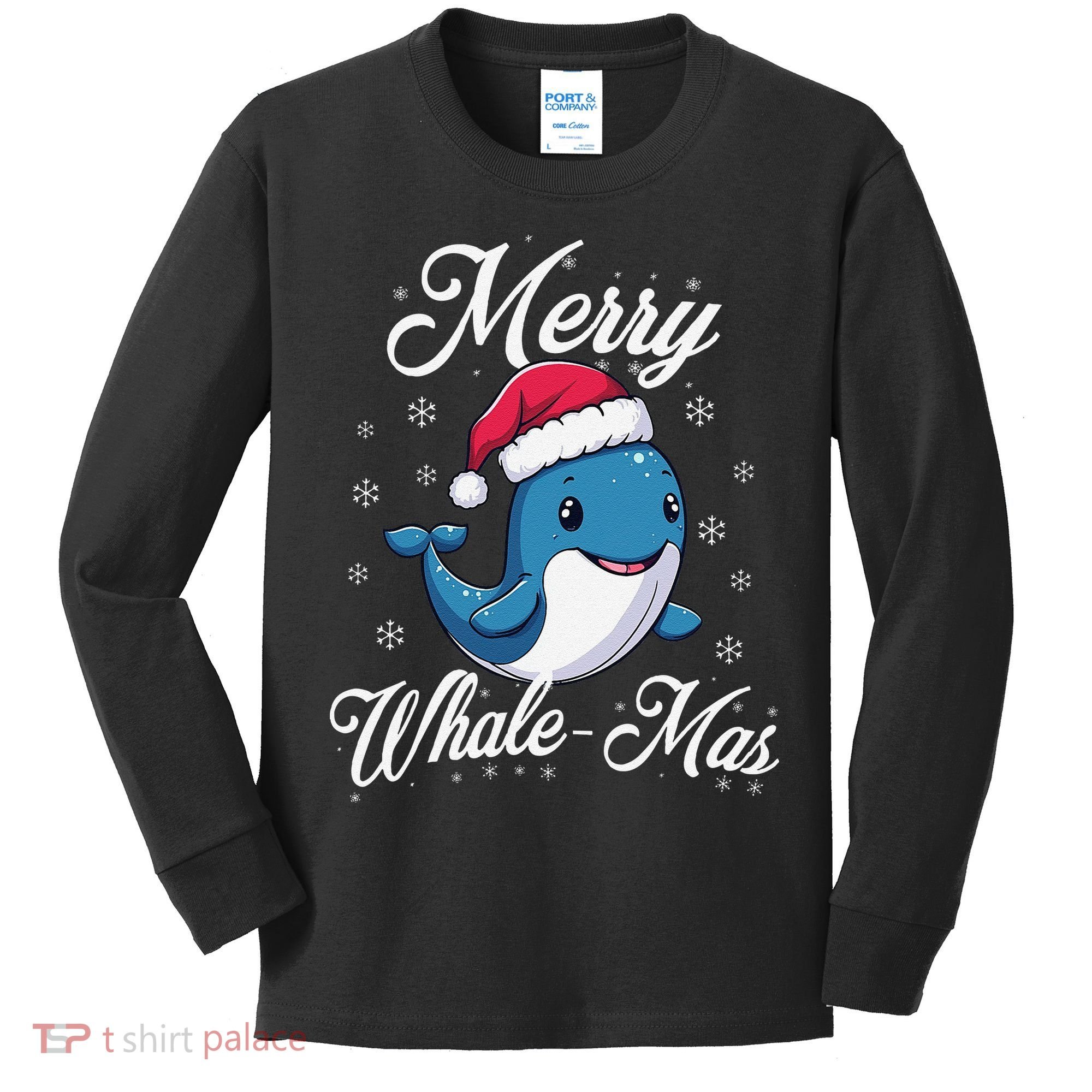 Merry Whalemas Whale With Santa Hat Orcas Christmas Puns Kids Long Sleeve Shirt