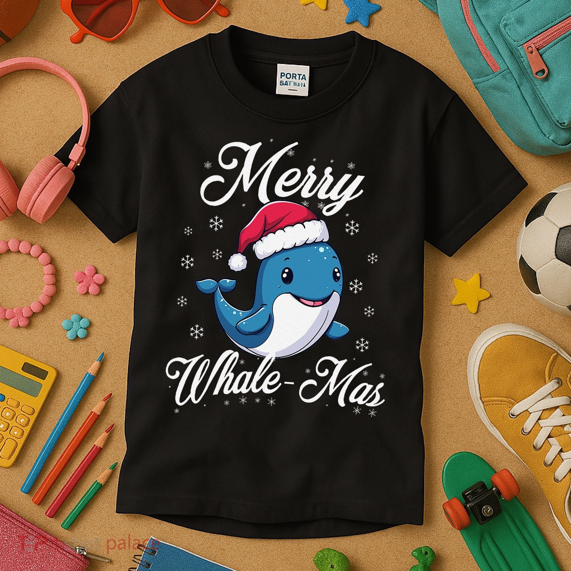 Merry Whalemas Whale With Santa Hat Orcas Christmas Puns Kids T-Shirt