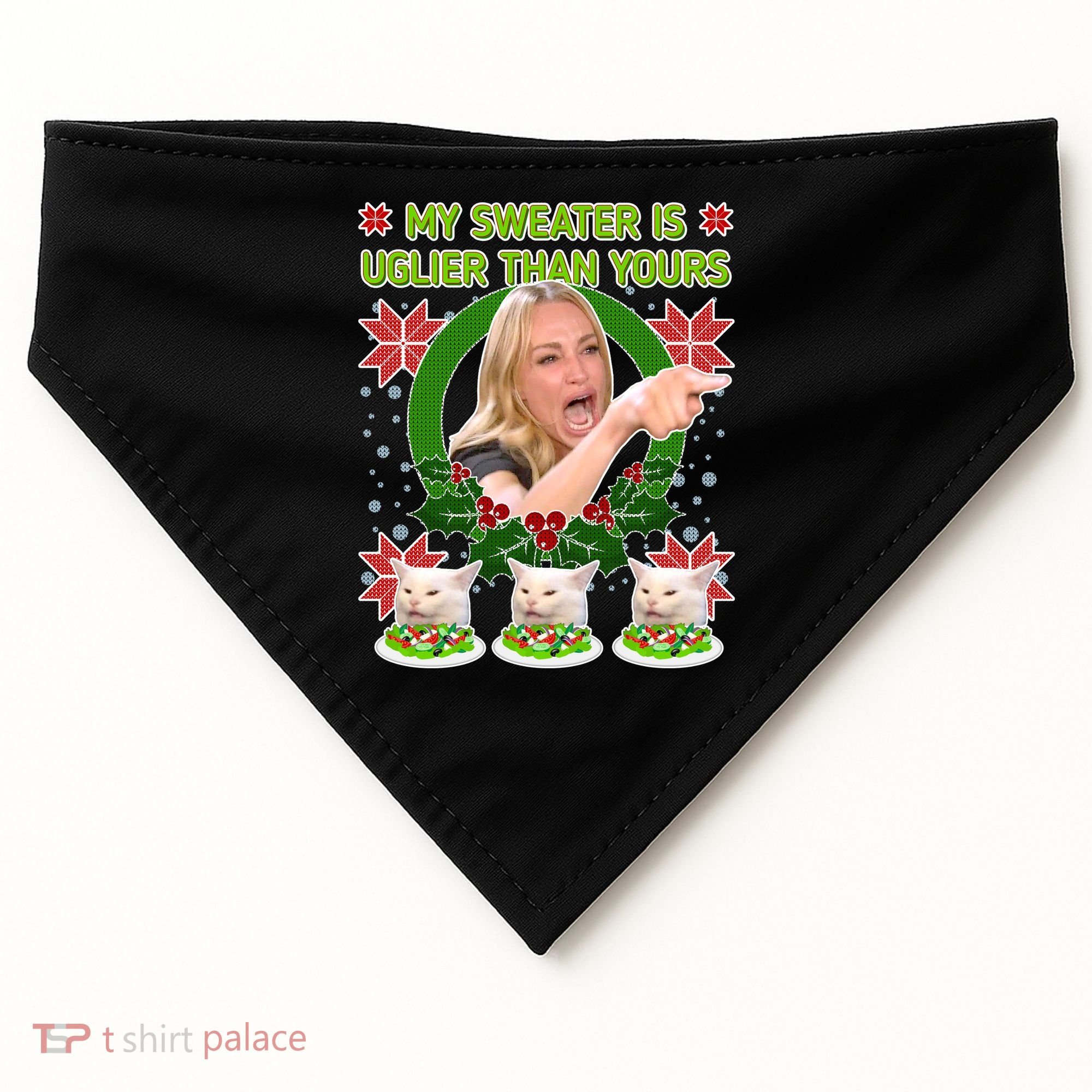 My Sweater Is Uglier Than Yours Yelling Cat Meme  USA-Made Doggie Bandana