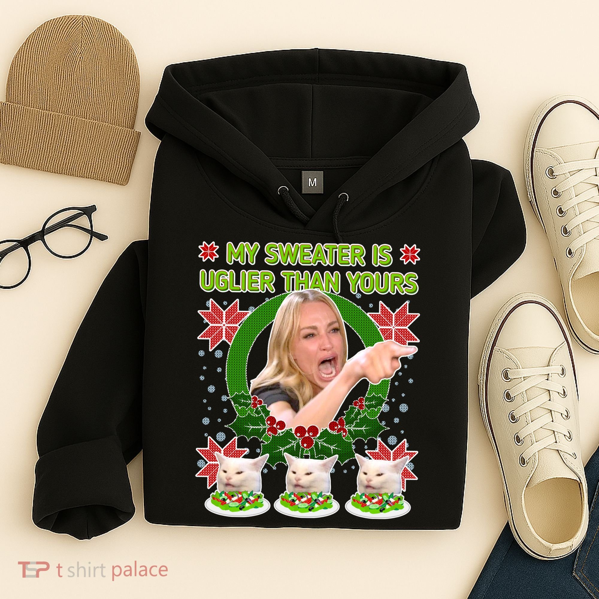 My Sweater Is Uglier Than Yours Yelling Cat Meme  Hoodie