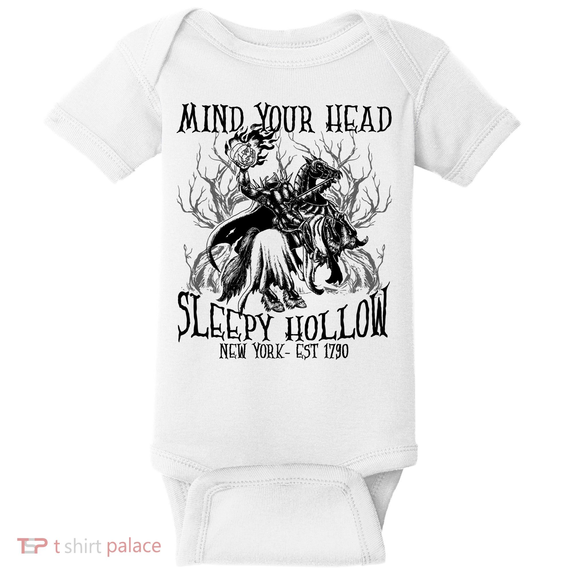 Mind Your Head Headless Horseman Est 1790 Headless Horseman Horror Baby Bodysuit