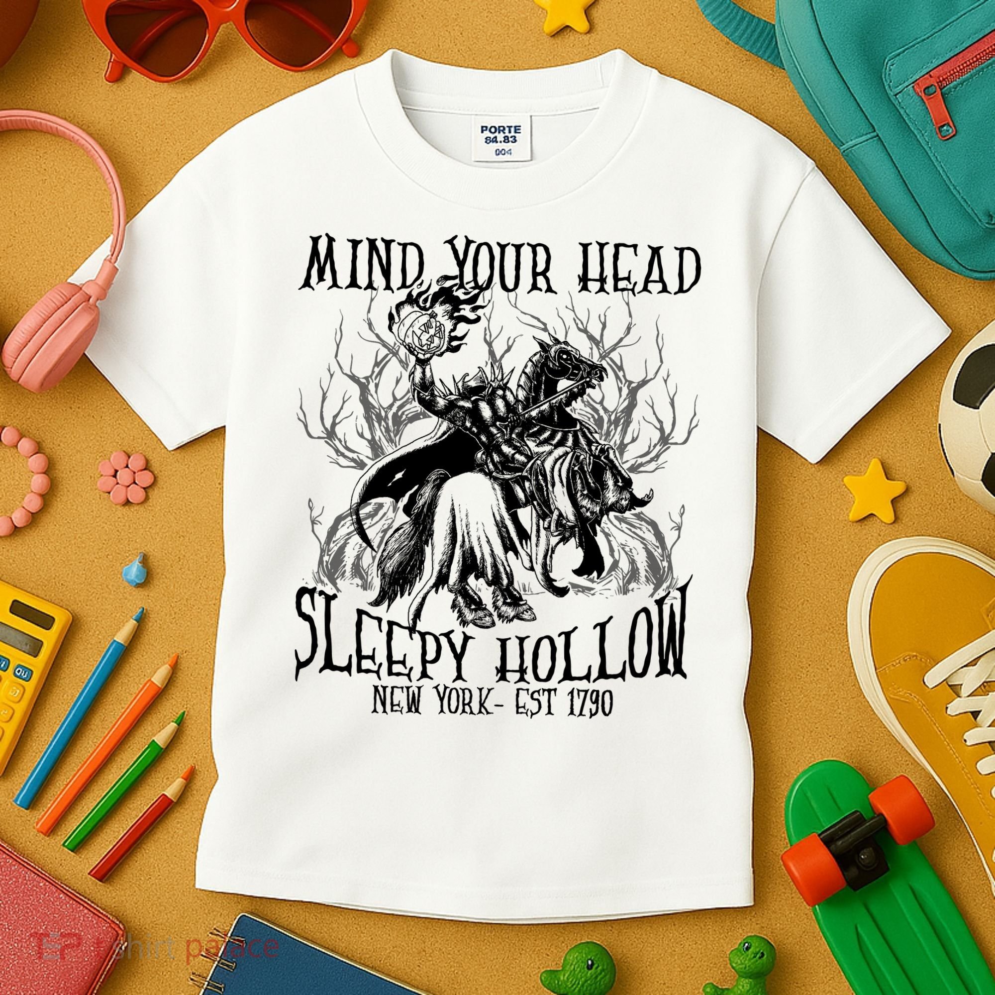 Mind Your Head Headless Horseman Est 1790 Headless Horseman Horror Kids T-Shirt